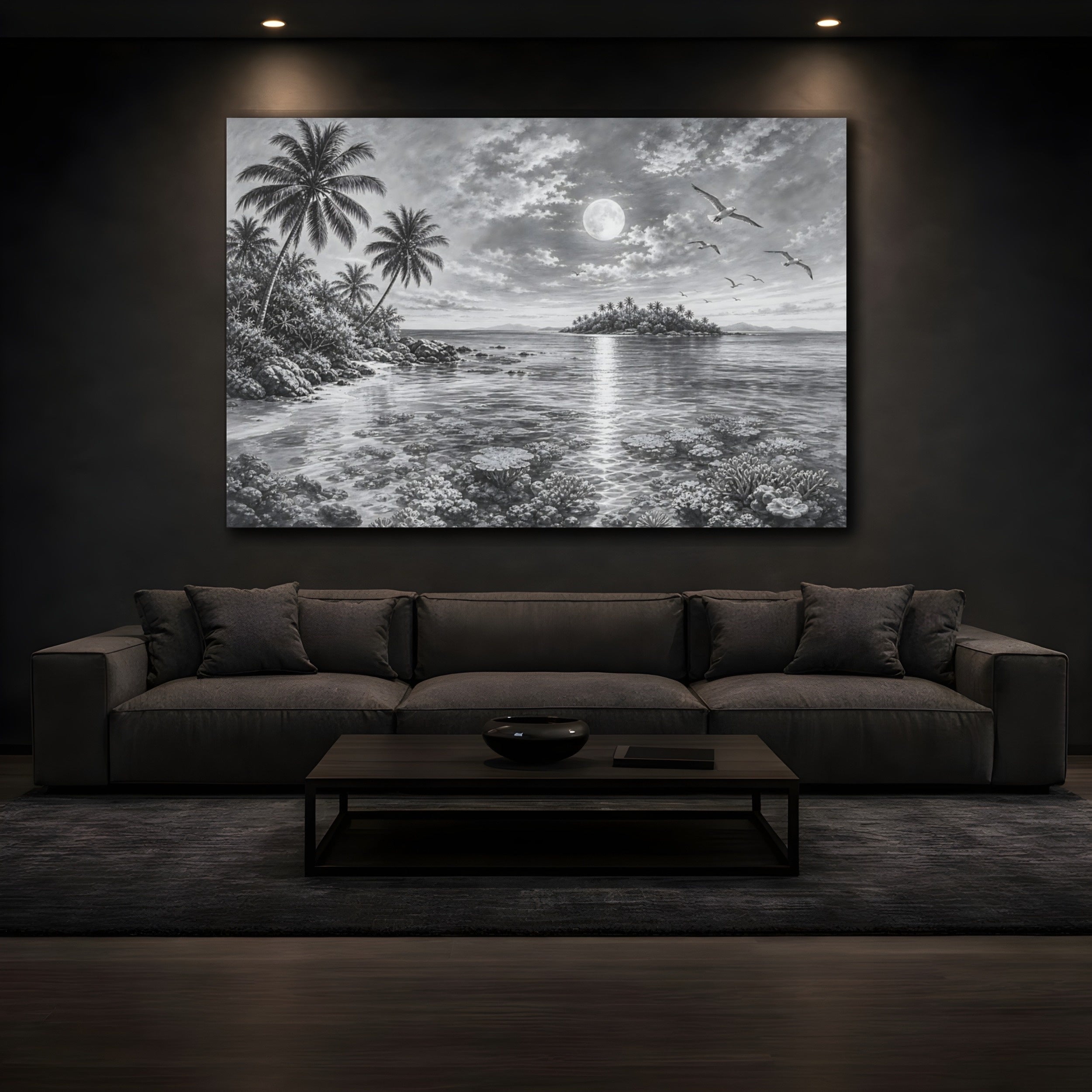 Mockup 3. Nature Moonlit Ocean Monochrome Tropical shown as stretched canvas wall art