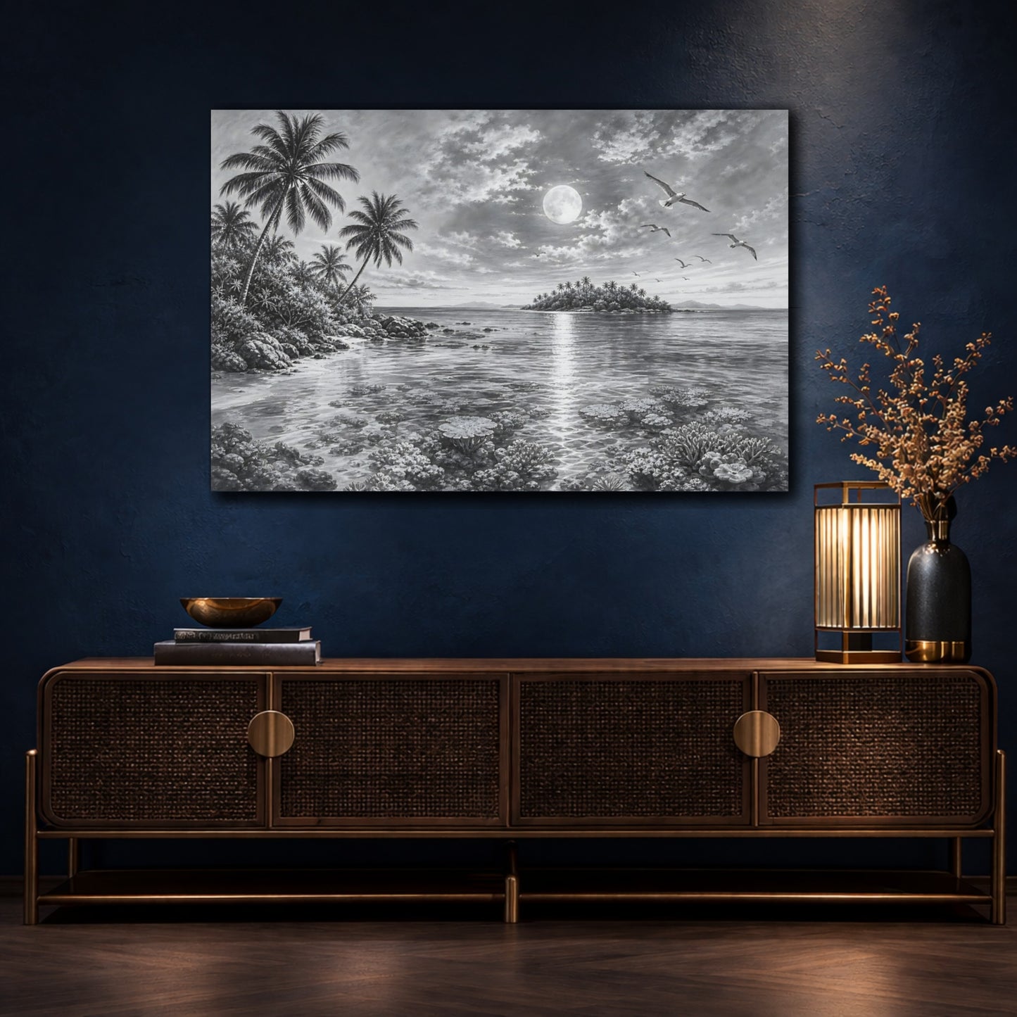 Mockup 4. Nature Moonlit Ocean Monochrome Tropical shown as stretched canvas wall art
