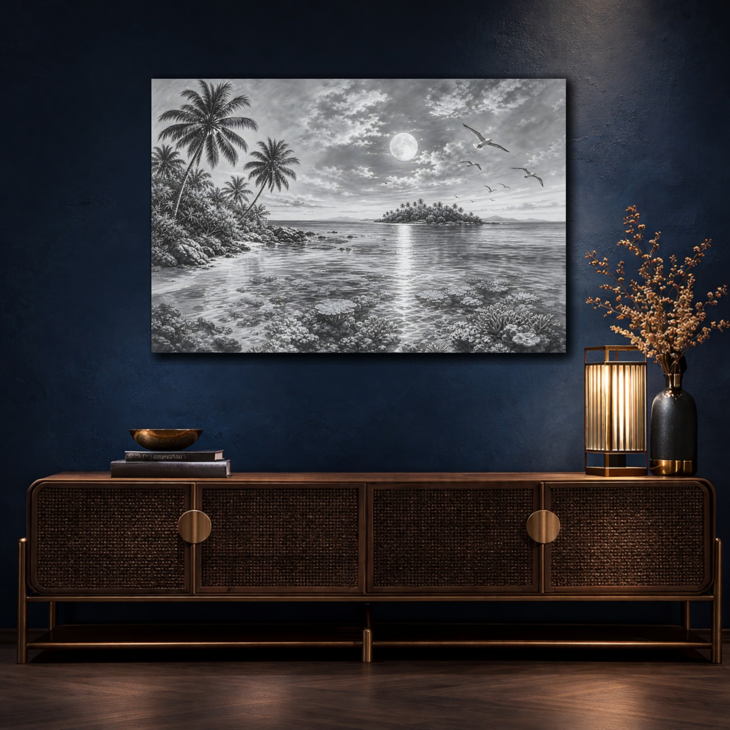 Mockup 4. Nature Moonlit Ocean Monochrome Tropical shown as stretched canvas wall art