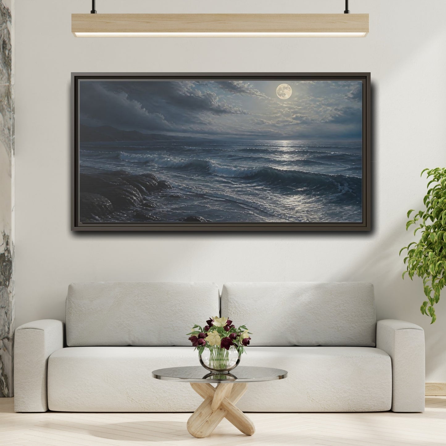 Mockup 2. Nature Moonlit Ocean Moonlit Ocean Night shown as stretched canvas wall art