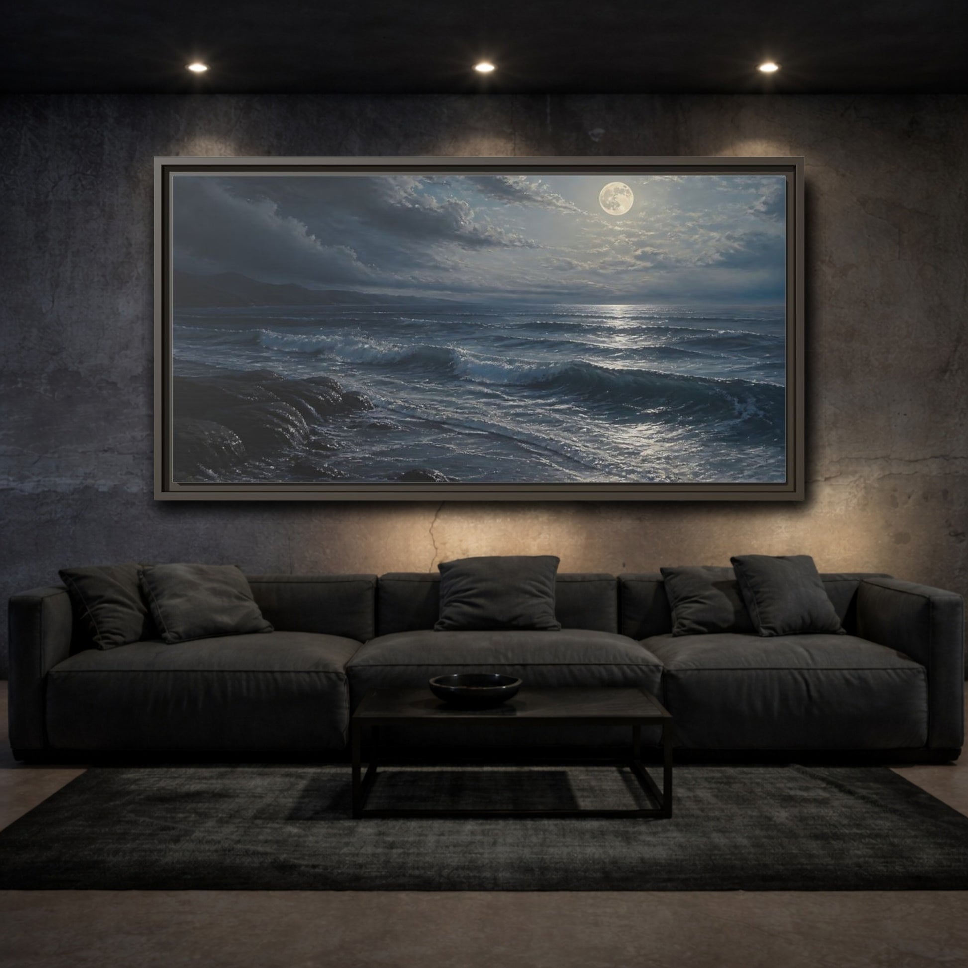 Mockup 3. Nature Moonlit Ocean Moonlit Ocean Night shown as stretched canvas wall art