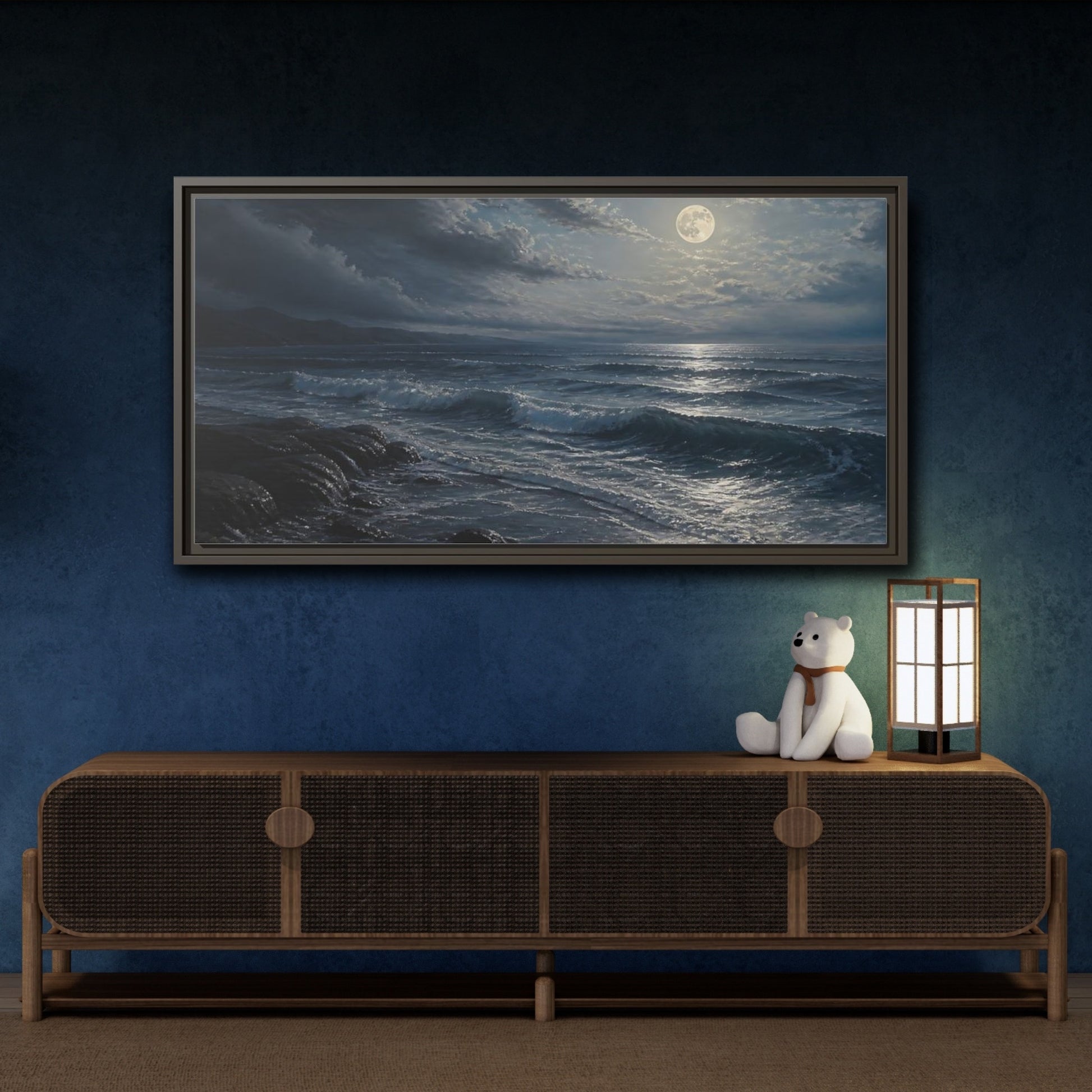 Mockup 4. Nature Moonlit Ocean Moonlit Ocean Night shown as stretched canvas wall art