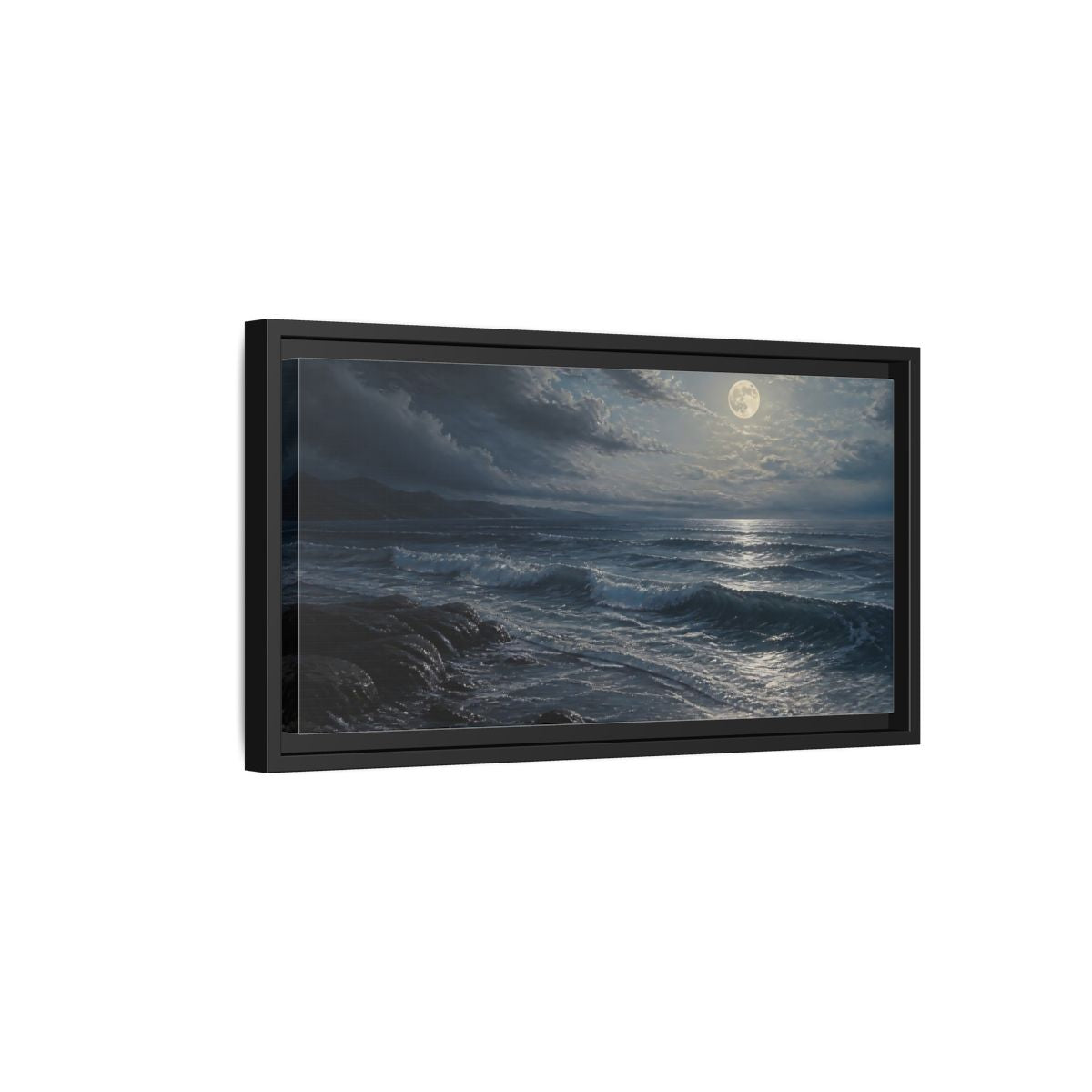 Side Mockup 8. Nature Moonlit Ocean Moonlit Ocean Night shown as stretched canvas wall art