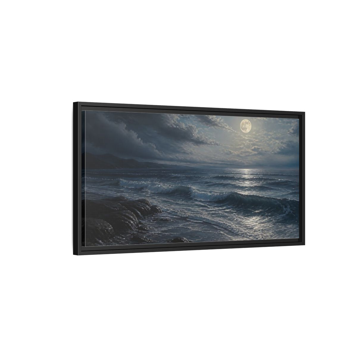 Side Mockup 2. Nature Moonlit Ocean Moonlit Ocean Night shown as stretched canvas wall art