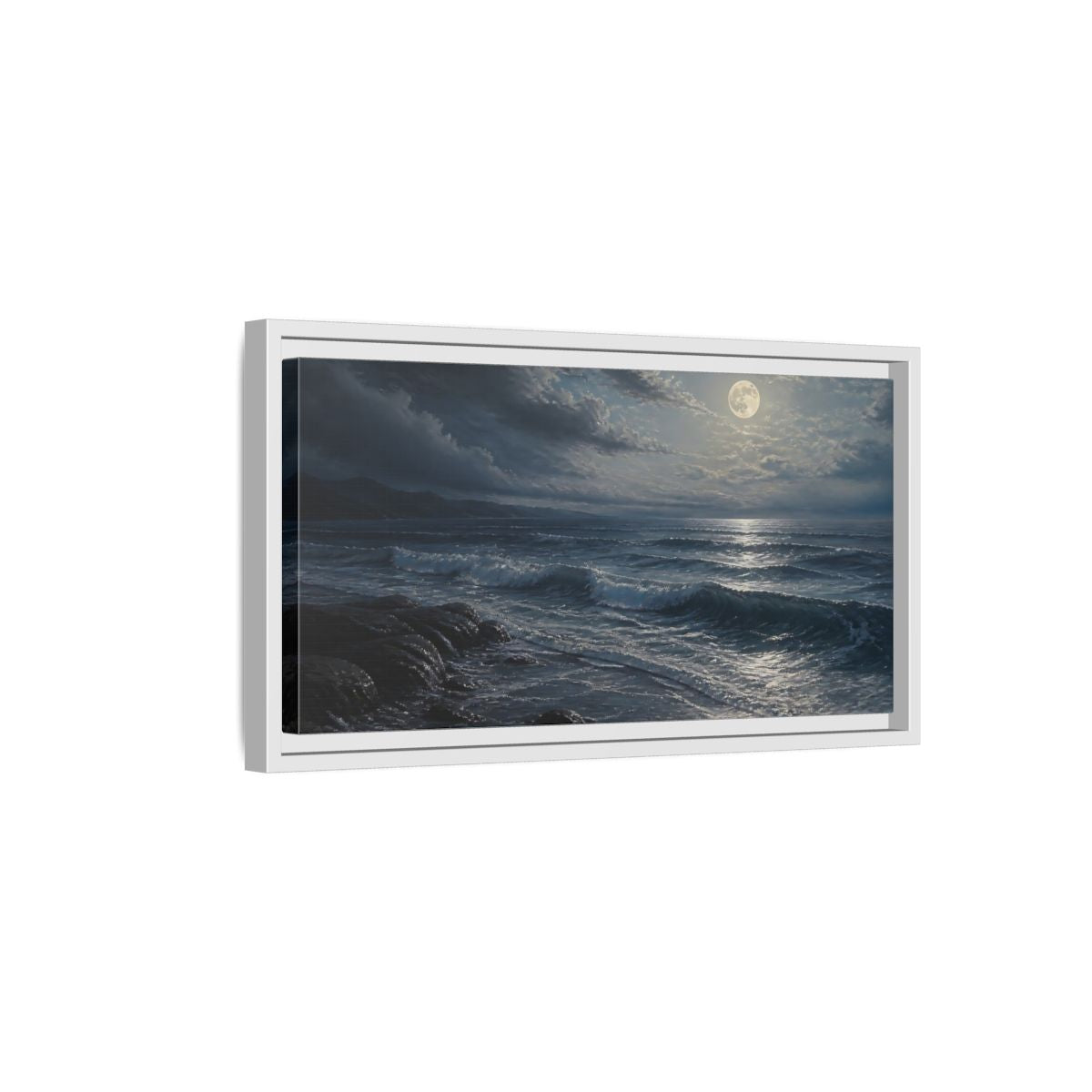 Side Mockup 6. Nature Moonlit Ocean Moonlit Ocean Night shown as stretched canvas wall art