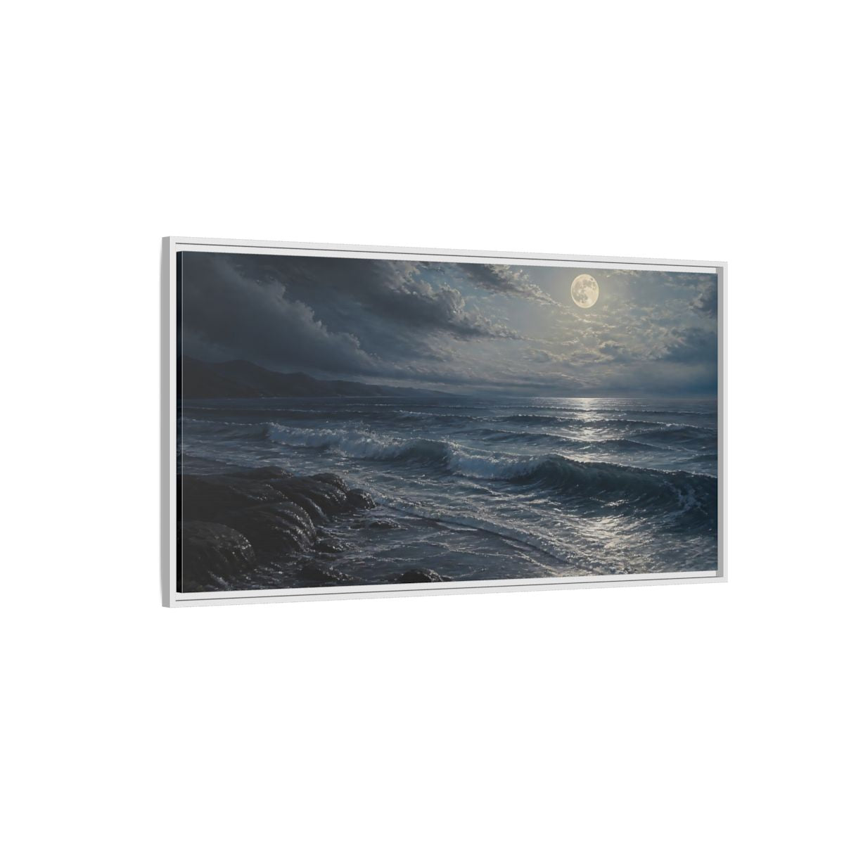 Side Mockup 3. Nature Moonlit Ocean Moonlit Ocean Night shown as stretched canvas wall art