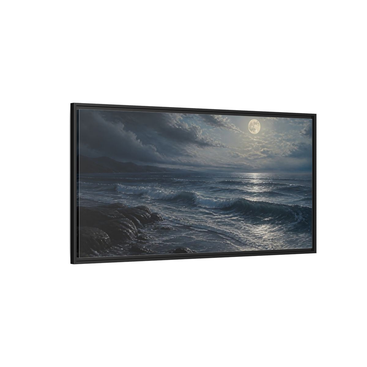 Side Mockup 5. Nature Moonlit Ocean Moonlit Ocean Night shown as stretched canvas wall art