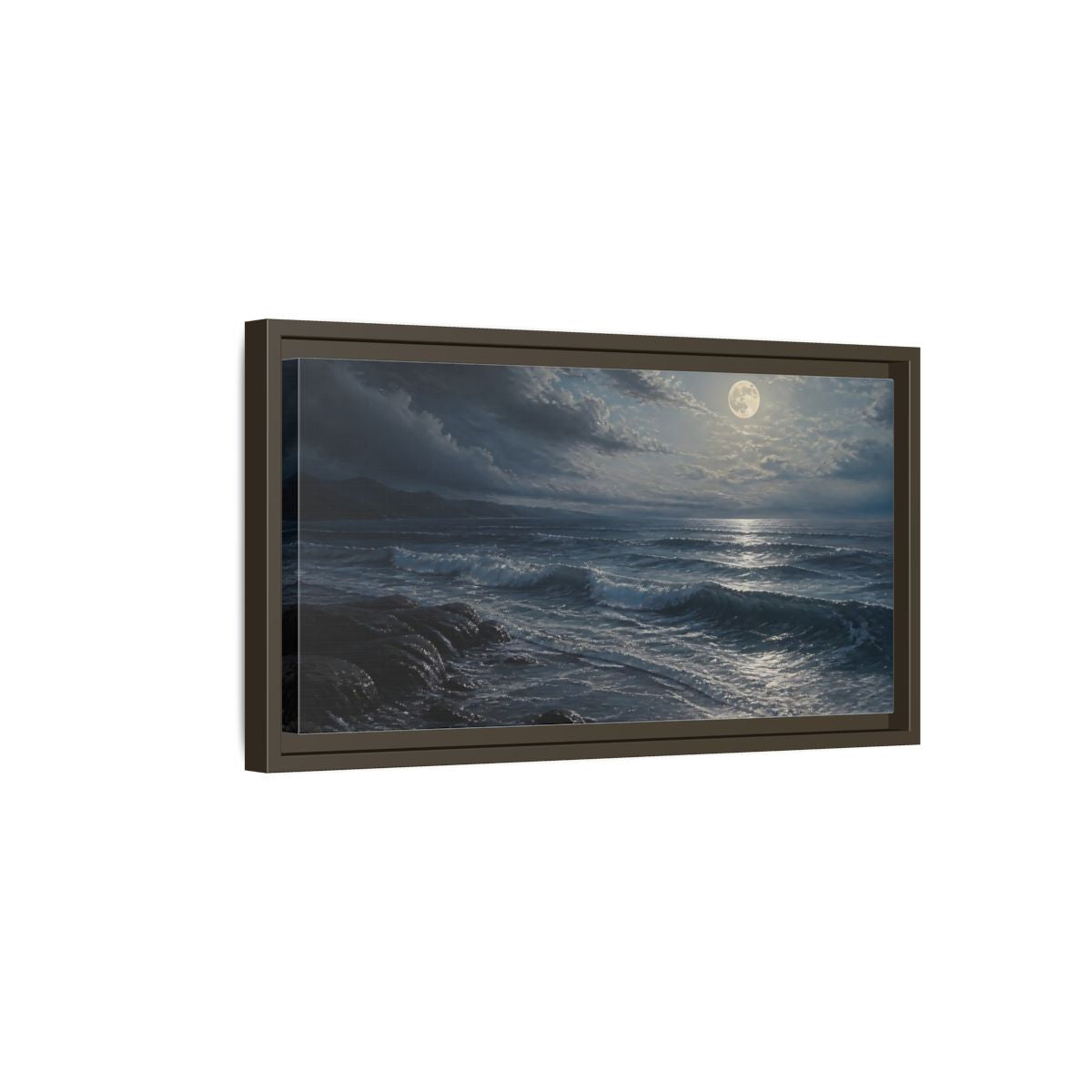 Side Mockup 7. Nature Moonlit Ocean Moonlit Ocean Night shown as stretched canvas wall art