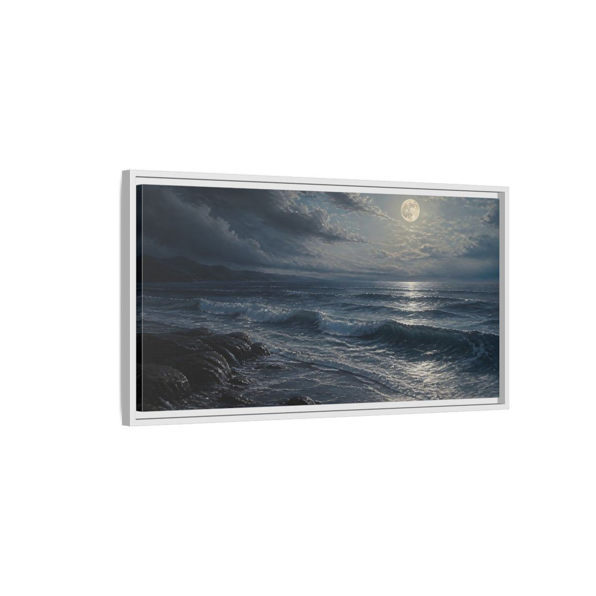Side Mockup 1. Nature Moonlit Ocean Moonlit Ocean Night shown as stretched canvas wall art
