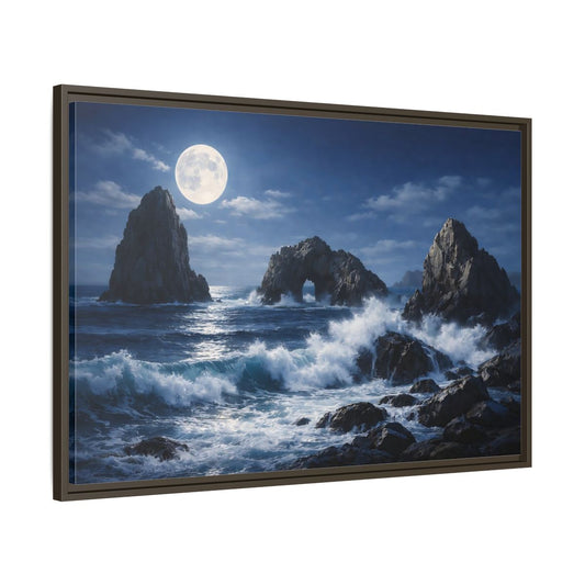 Main Mockup. Nature Moonlit Seascape Blue And Gray shown as stretched canvas wall art