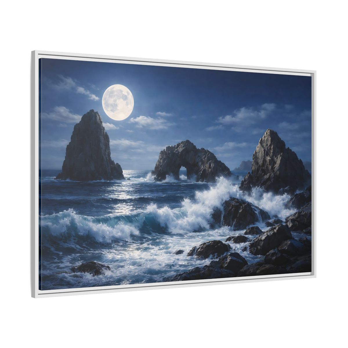 Side Mockup 7. Nature Moonlit Seascape Blue And Gray shown as stretched canvas wall art