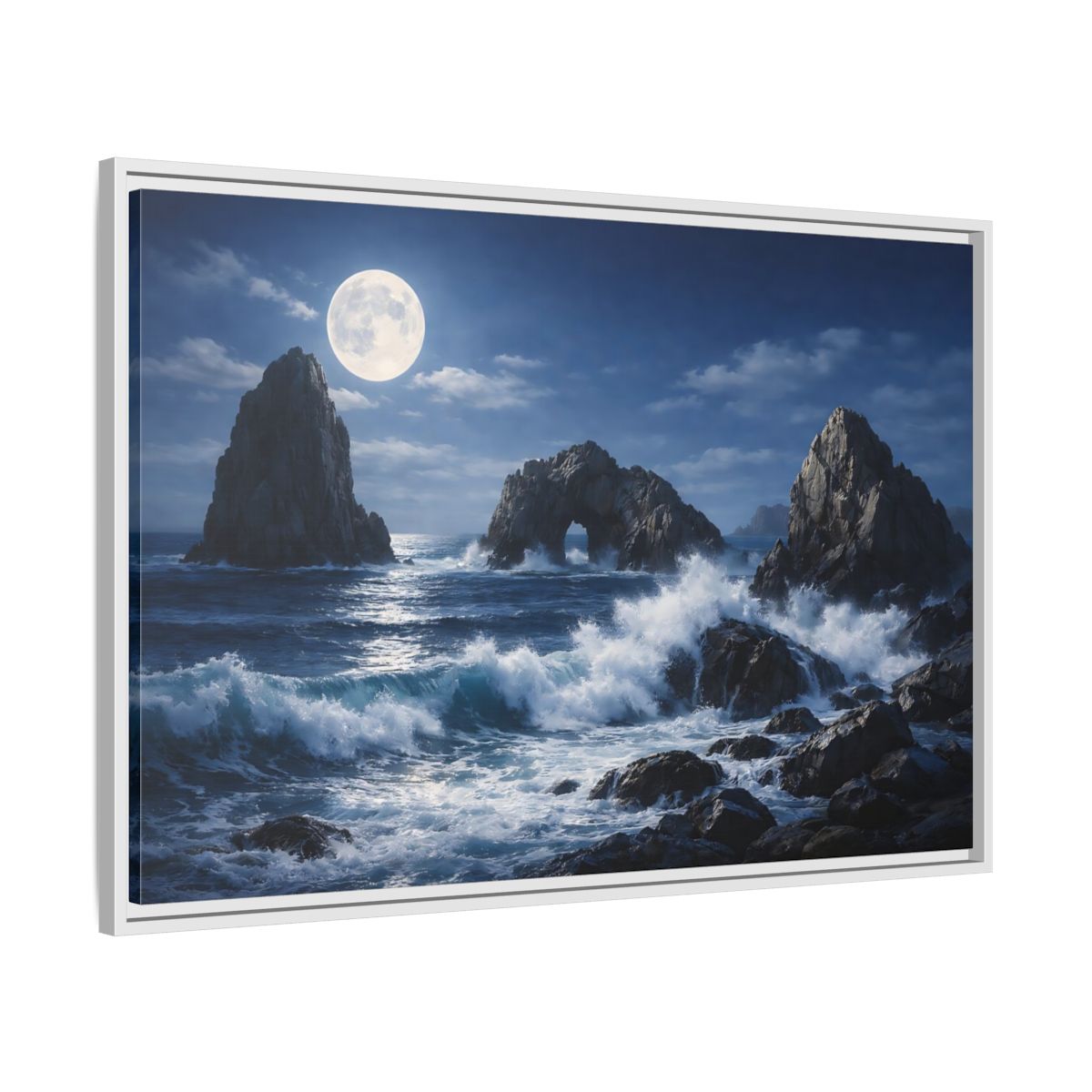 Side Mockup 9. Nature Moonlit Seascape Blue And Gray shown as stretched canvas wall art