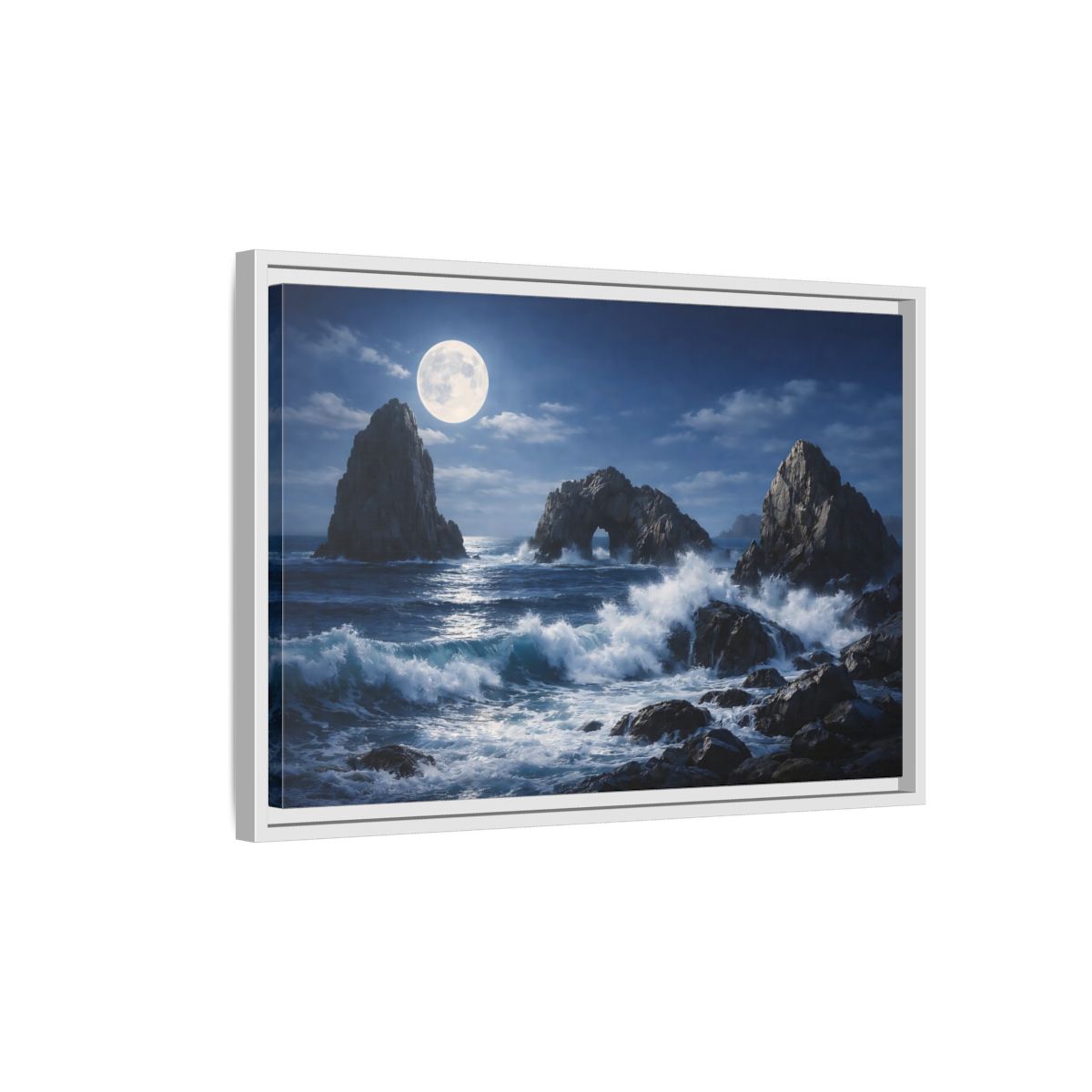 Side Mockup 1. Nature Moonlit Seascape Blue And Gray shown as stretched canvas wall art