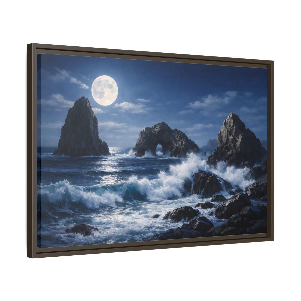 Side Mockup 11. Nature Moonlit Seascape Blue And Gray shown as stretched canvas wall art