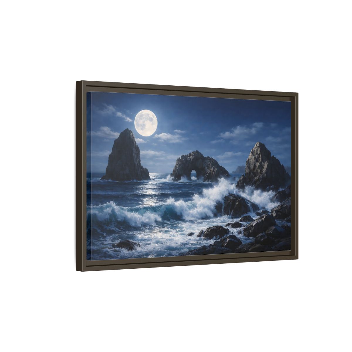 Side Mockup 2. Nature Moonlit Seascape Blue And Gray shown as stretched canvas wall art