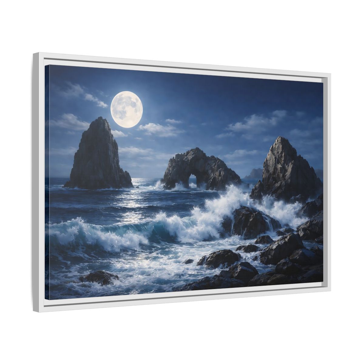 Side Mockup 10. Nature Moonlit Seascape Blue And Gray shown as stretched canvas wall art