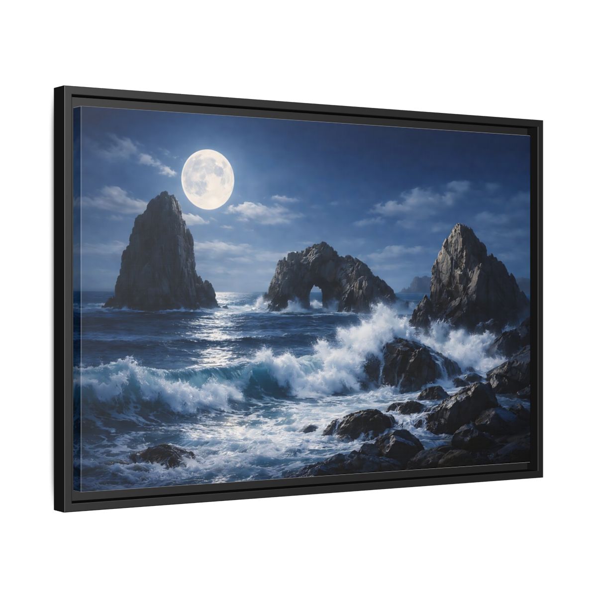 Side Mockup 14. Nature Moonlit Seascape Blue And Gray shown as stretched canvas wall art