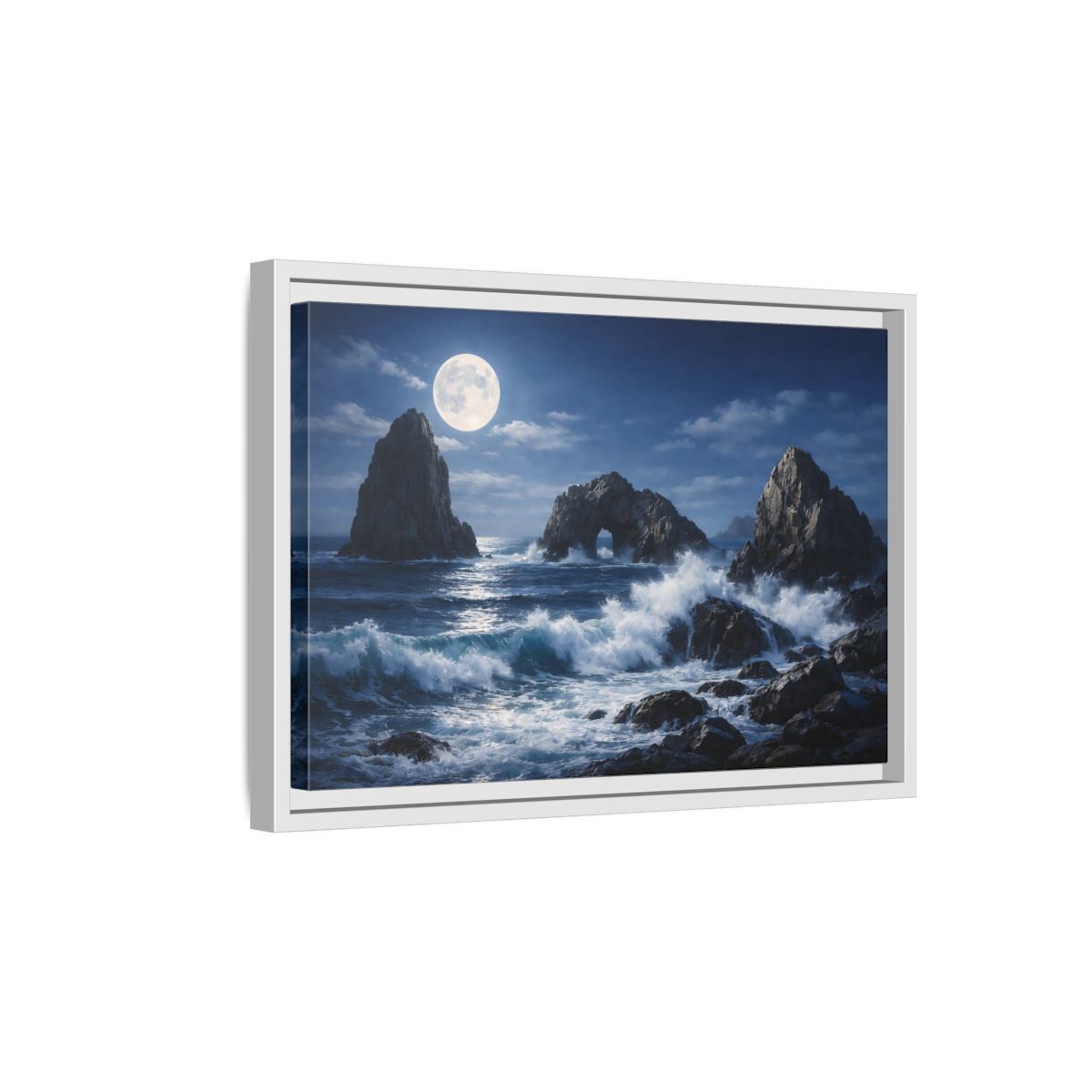 Side Mockup 4. Nature Moonlit Seascape Blue And Gray shown as stretched canvas wall art