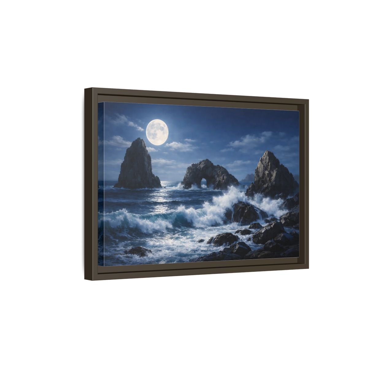 Side Mockup 5. Nature Moonlit Seascape Blue And Gray shown as stretched canvas wall art