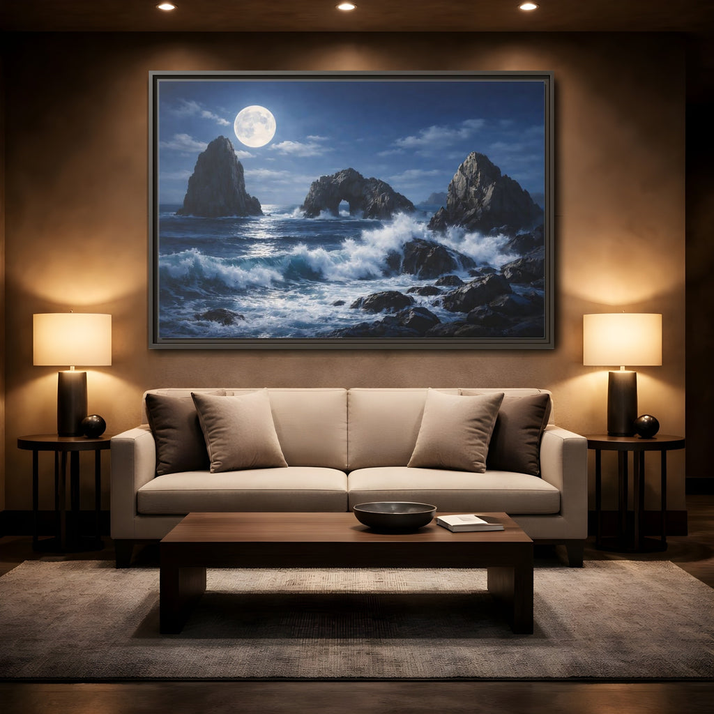 Mockup 2. Nature Moonlit Seascape Blue And Gray shown as stretched canvas wall art