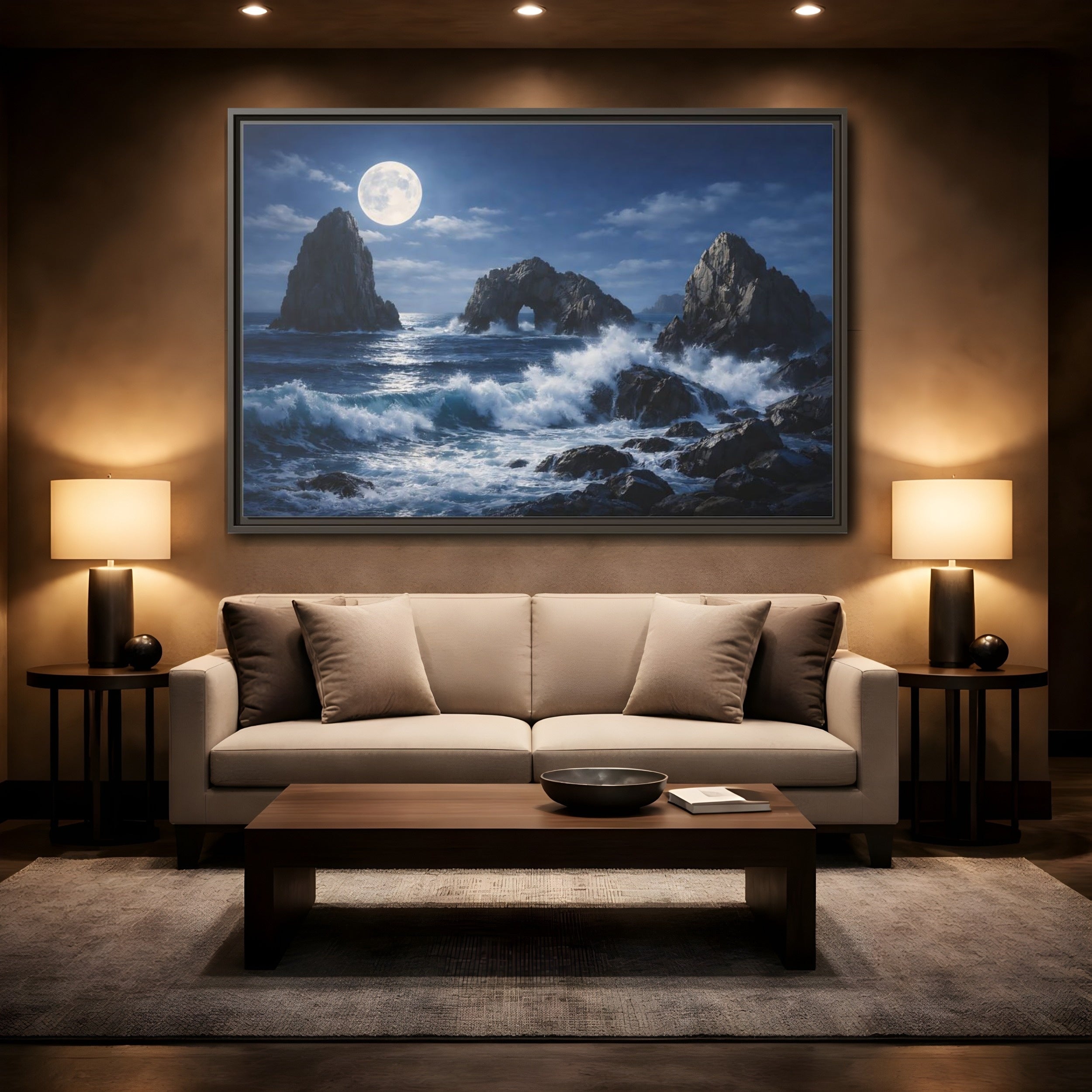Mockup 2. Nature Moonlit Seascape Blue And Gray shown as stretched canvas wall art