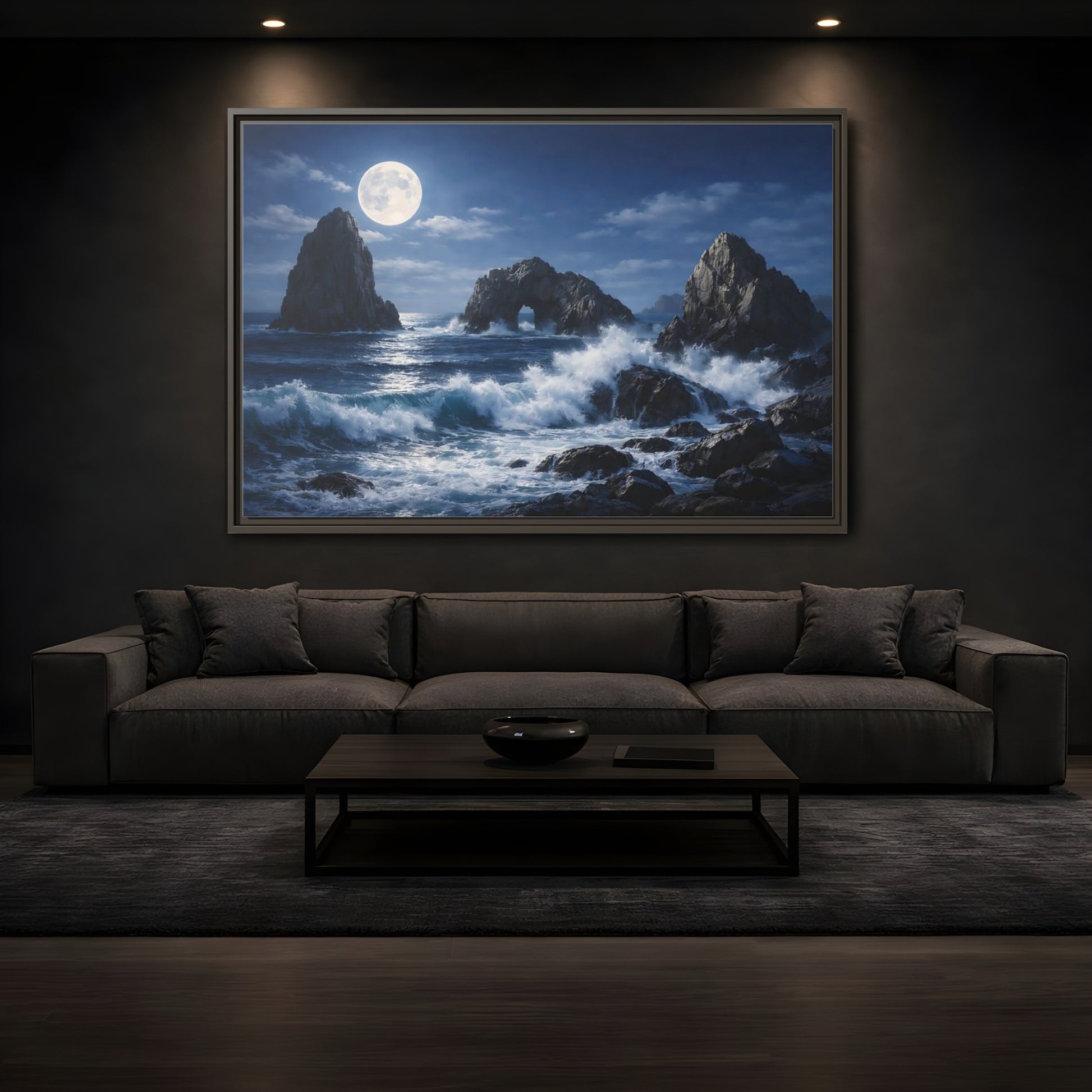 Mockup 3. Nature Moonlit Seascape Blue And Gray shown as stretched canvas wall art