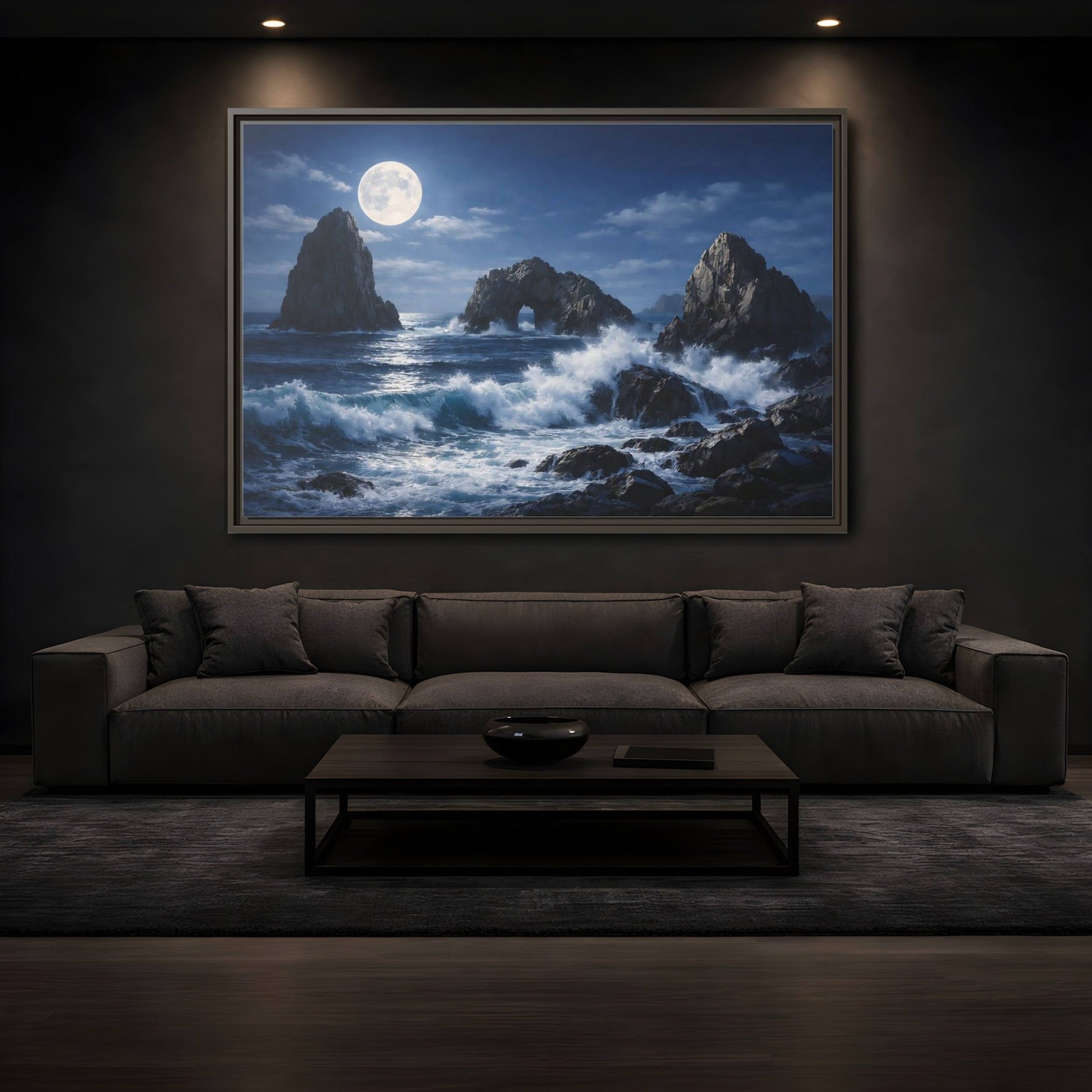 Mockup 3. Nature Moonlit Seascape Blue And Gray shown as stretched canvas wall art
