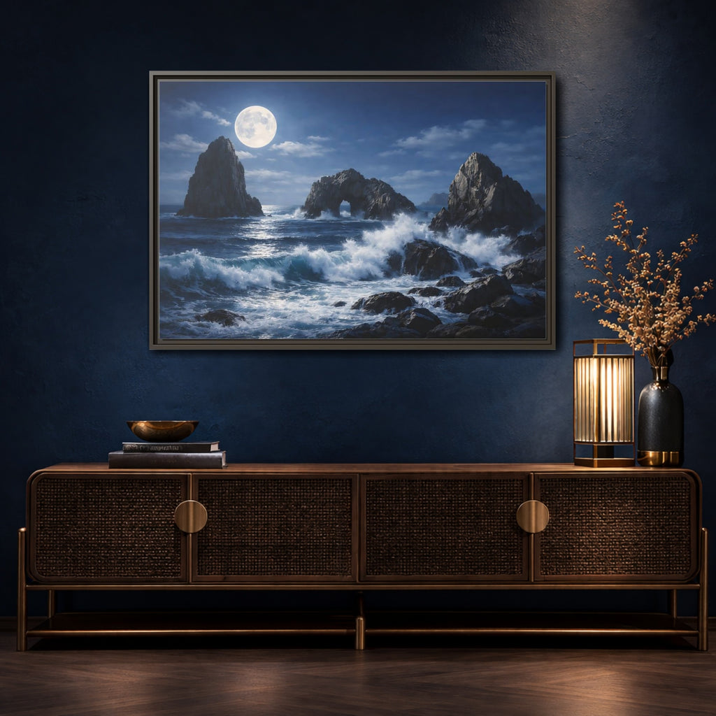Mockup 4. Nature Moonlit Seascape Blue And Gray shown as stretched canvas wall art