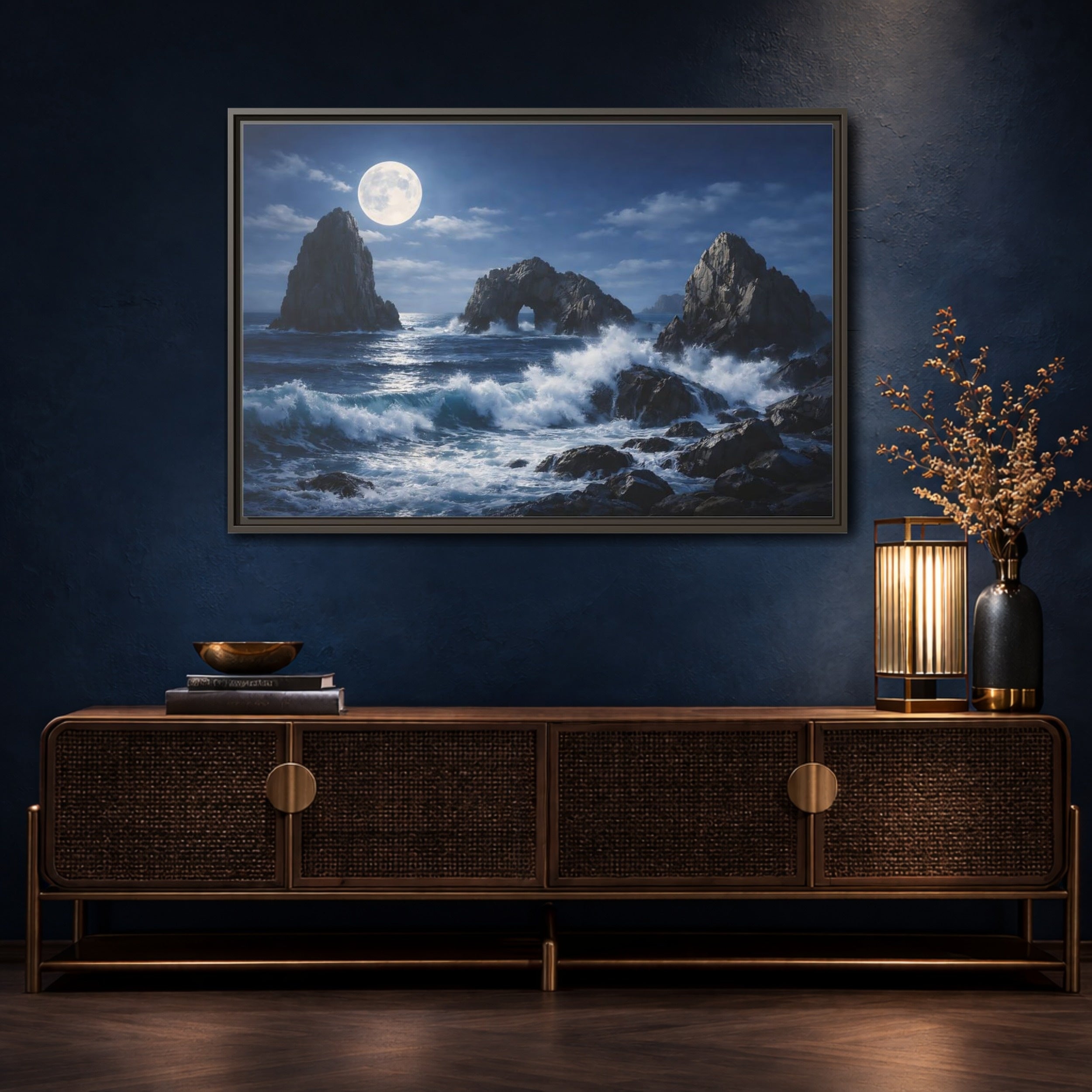 Mockup 4. Nature Moonlit Seascape Blue And Gray shown as stretched canvas wall art