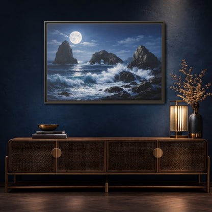 Mockup 4. Nature Moonlit Seascape Blue And Gray shown as stretched canvas wall art