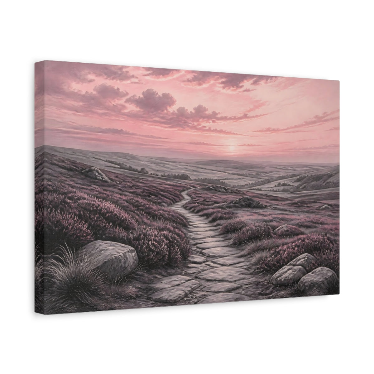 Side Mockup 4. Nature Moorland Path Pink Heather Path shown as stretched canvas wall art