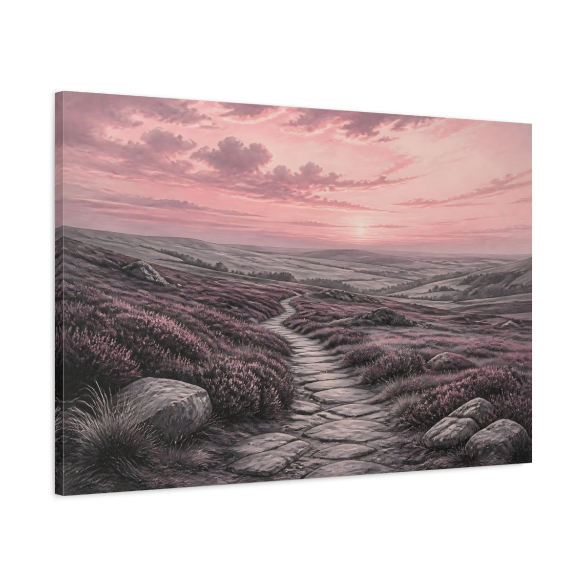 Main Mockup. Nature Moorland Path Pink Heather Path shown as stretched canvas wall art