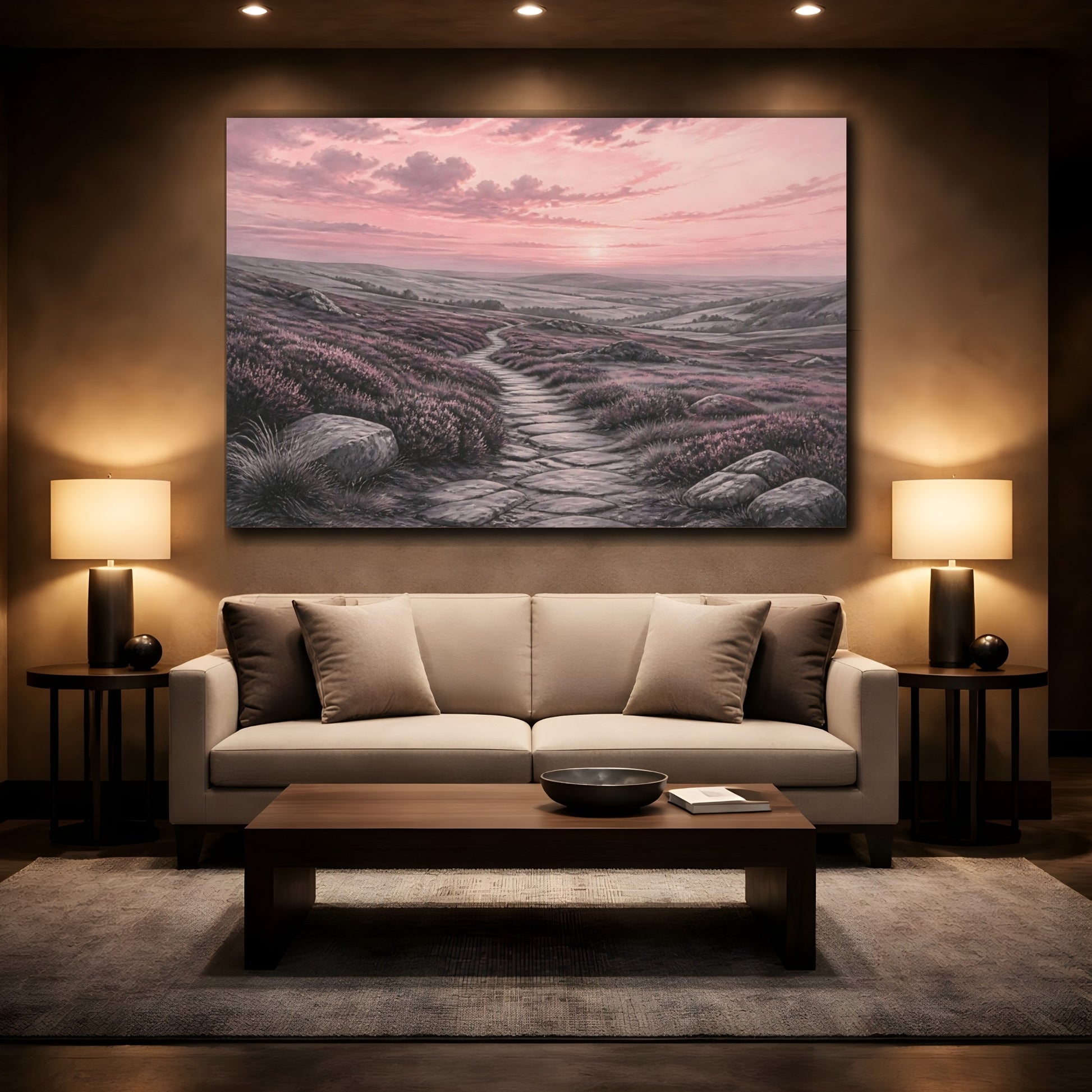Mockup 2. Nature Moorland Path Pink Heather Path shown as stretched canvas wall art