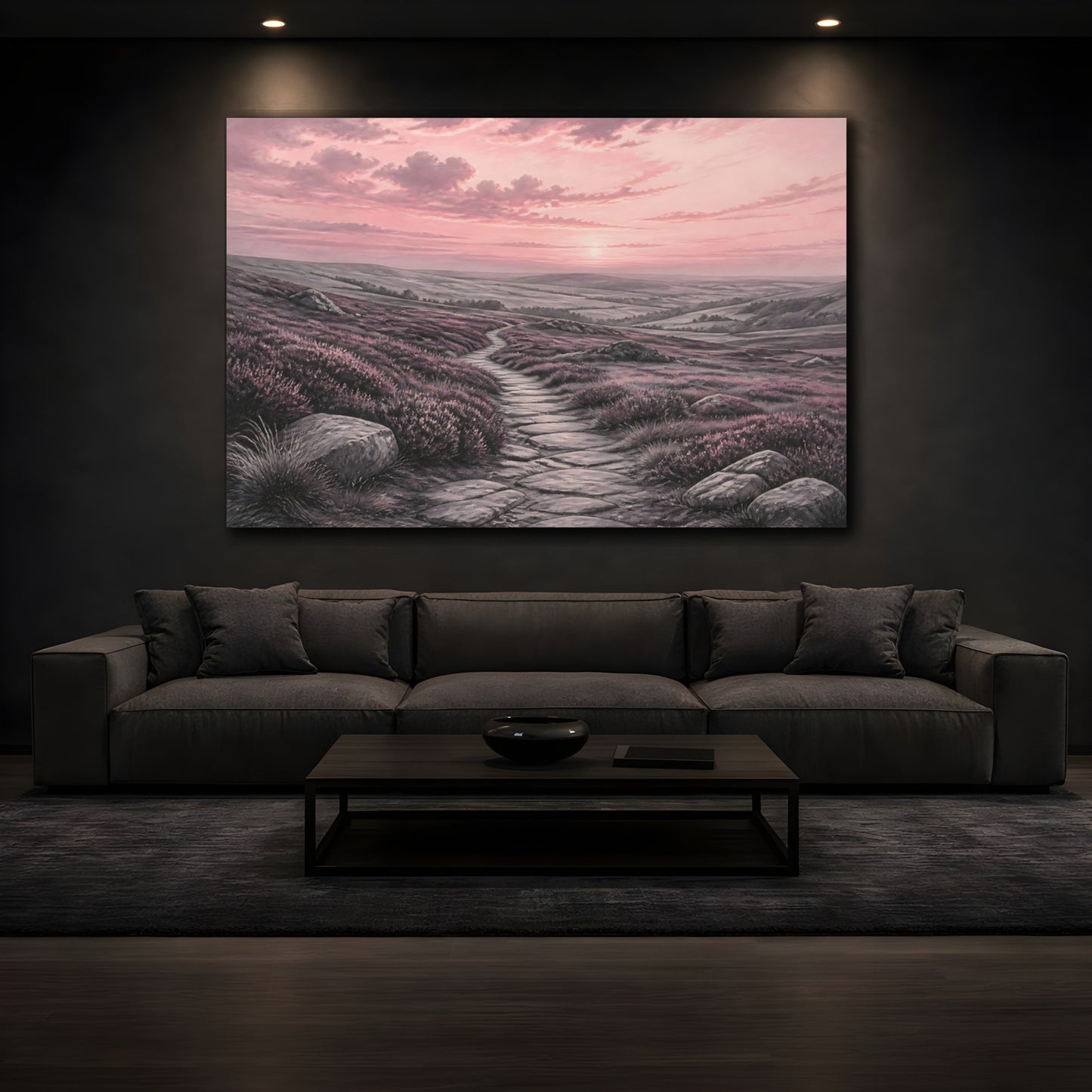 Mockup 3. Nature Moorland Path Pink Heather Path shown as stretched canvas wall art