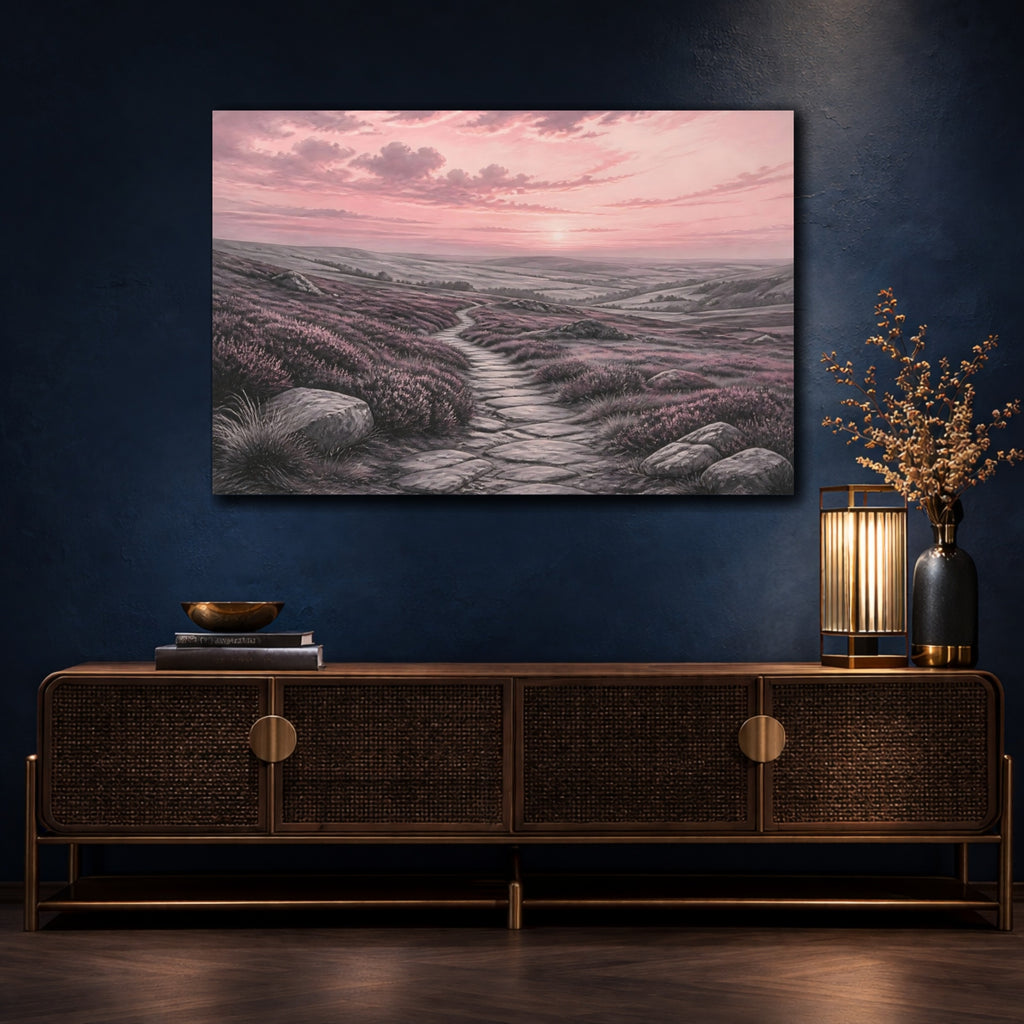 Mockup 4. Nature Moorland Path Pink Heather Path shown as stretched canvas wall art