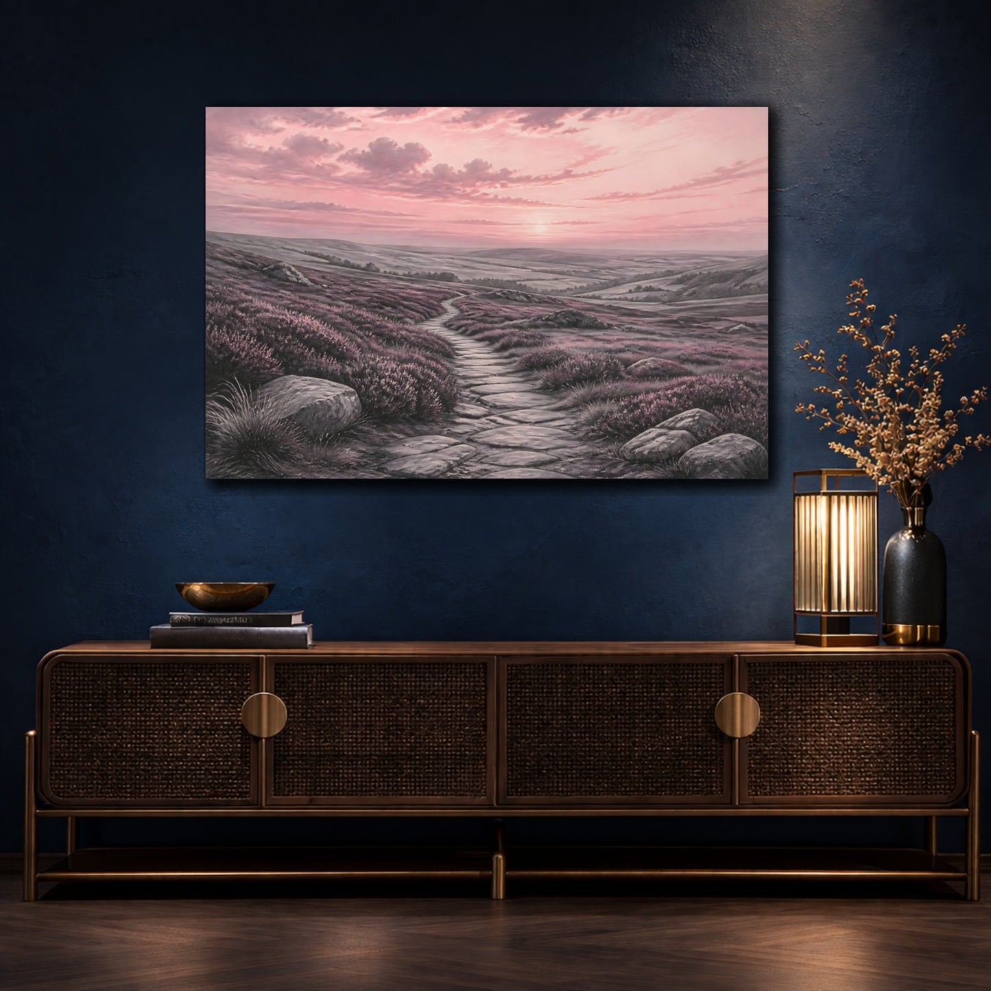 Mockup 4. Nature Moorland Path Pink Heather Path shown as stretched canvas wall art