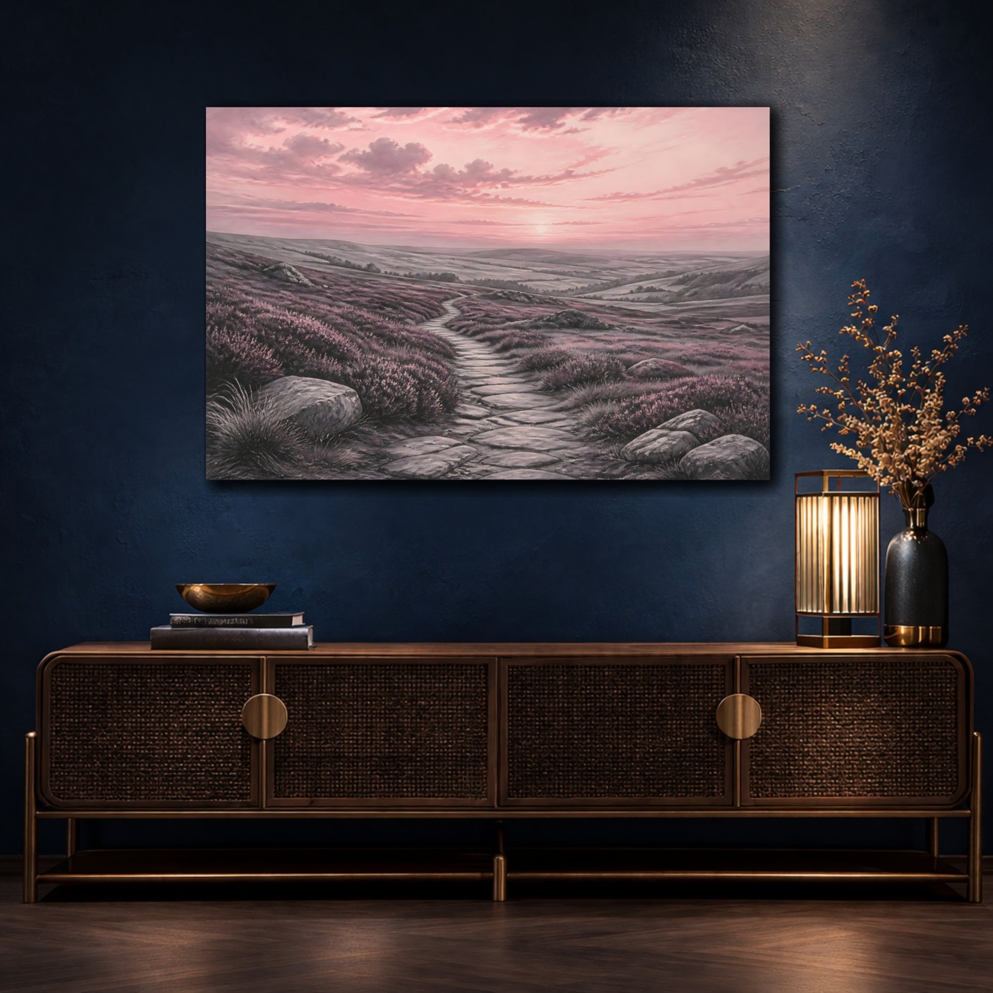 Mockup 4. Nature Moorland Path Pink Heather Path shown as stretched canvas wall art