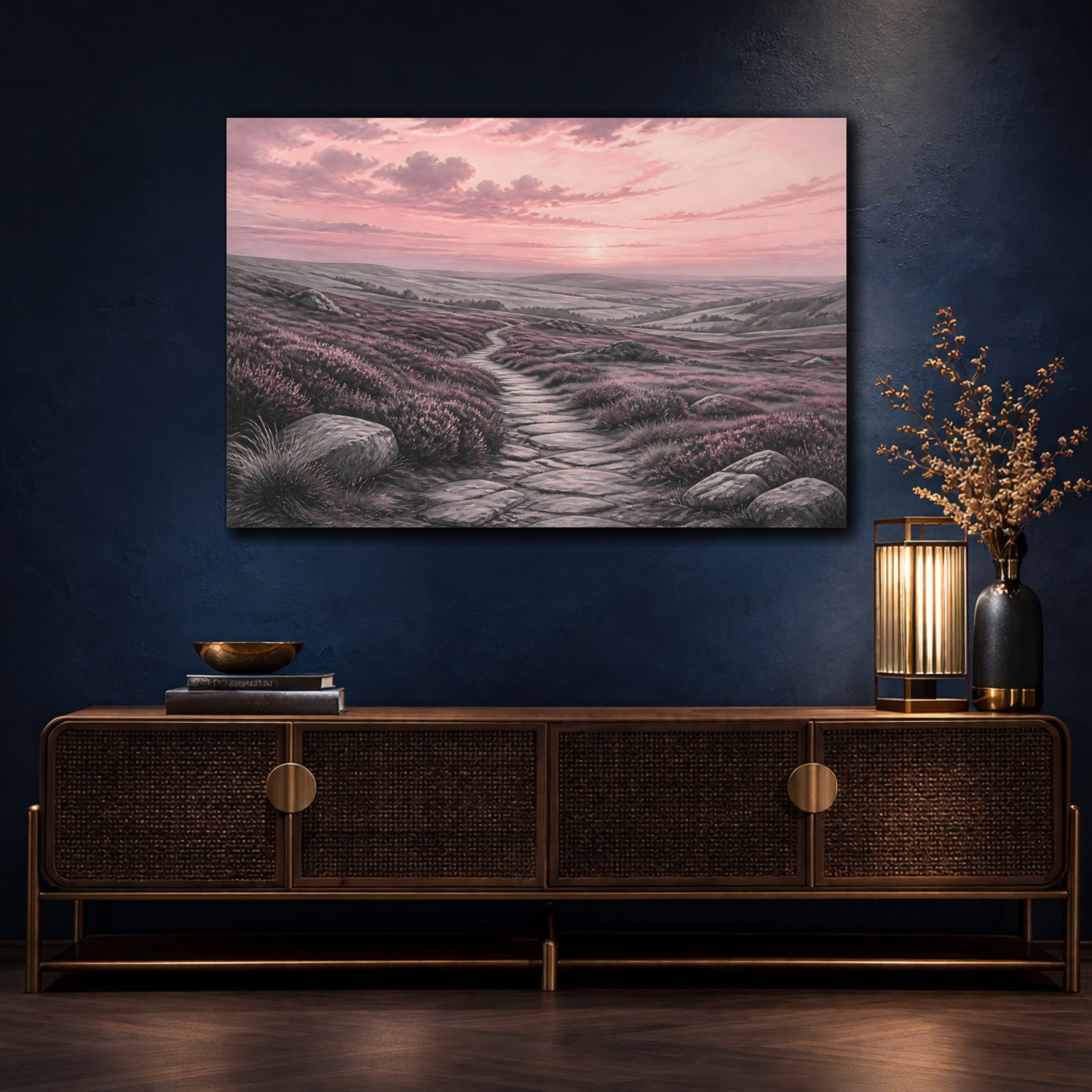 Mockup 4. Nature Moorland Path Pink Heather Path shown as stretched canvas wall art