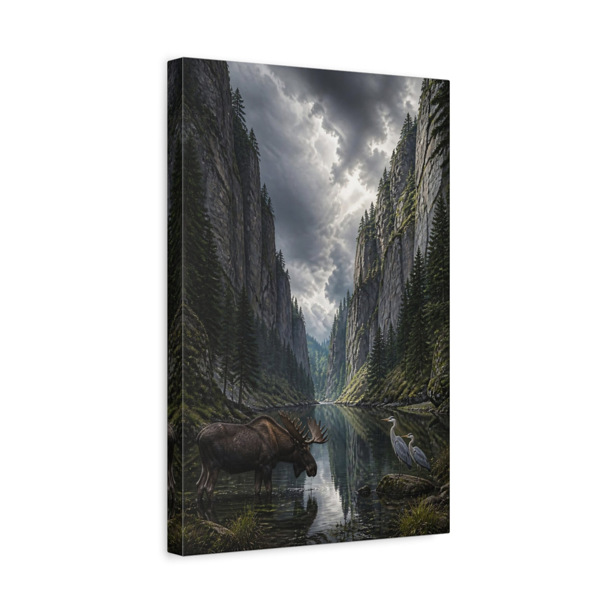 Side Mockup 4. Nature Moose And Herons Gray Green Nature shown as stretched canvas wall art