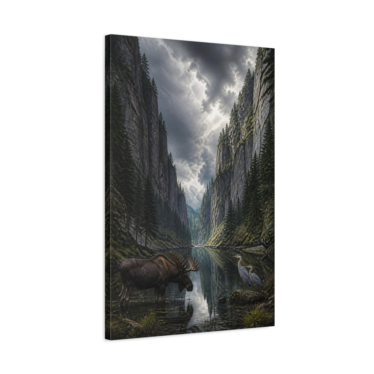 Side Mockup 2. Nature Moose And Herons Gray Green Nature shown as stretched canvas wall art