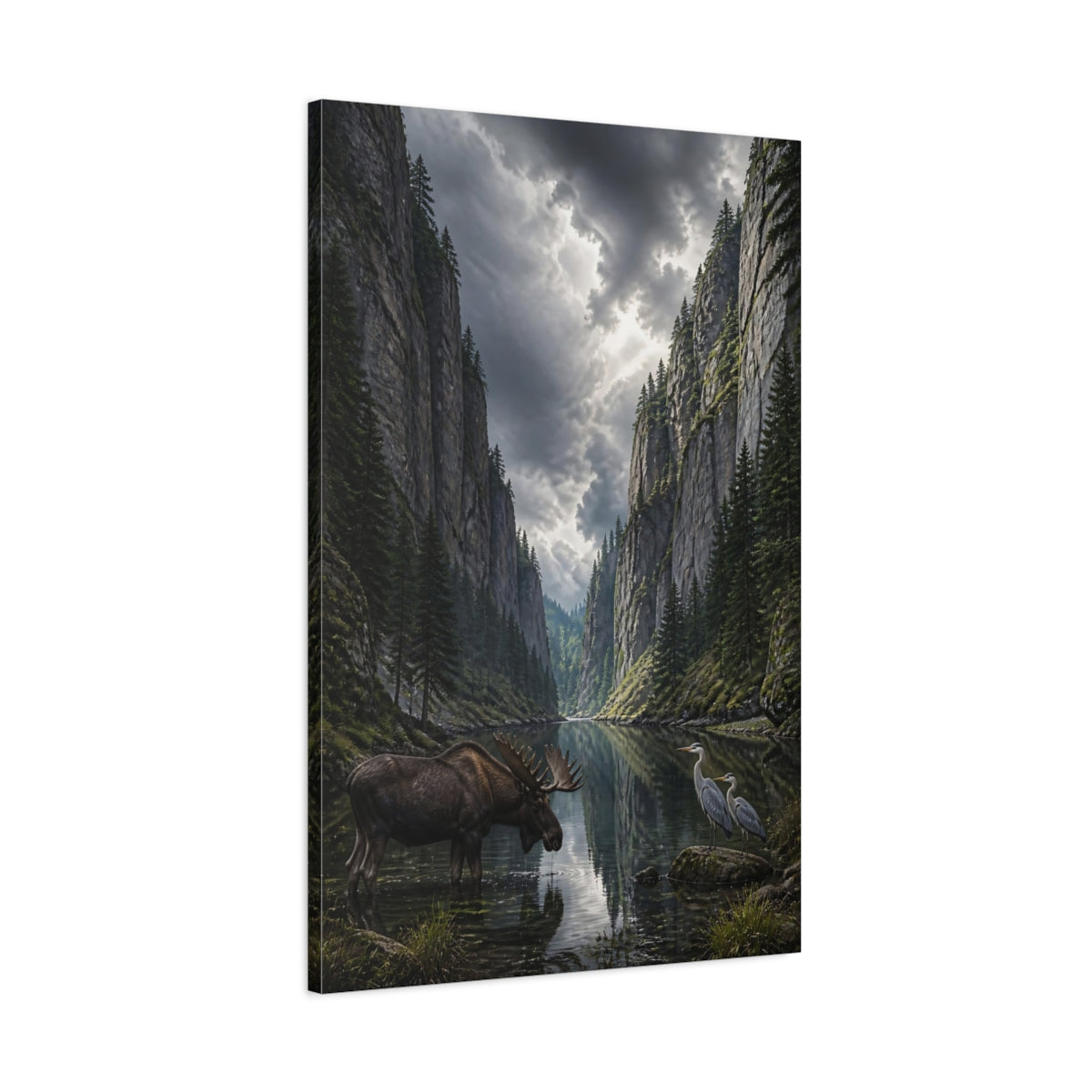 Main Mockup. Nature Moose And Herons Gray Green Nature shown as stretched canvas wall art