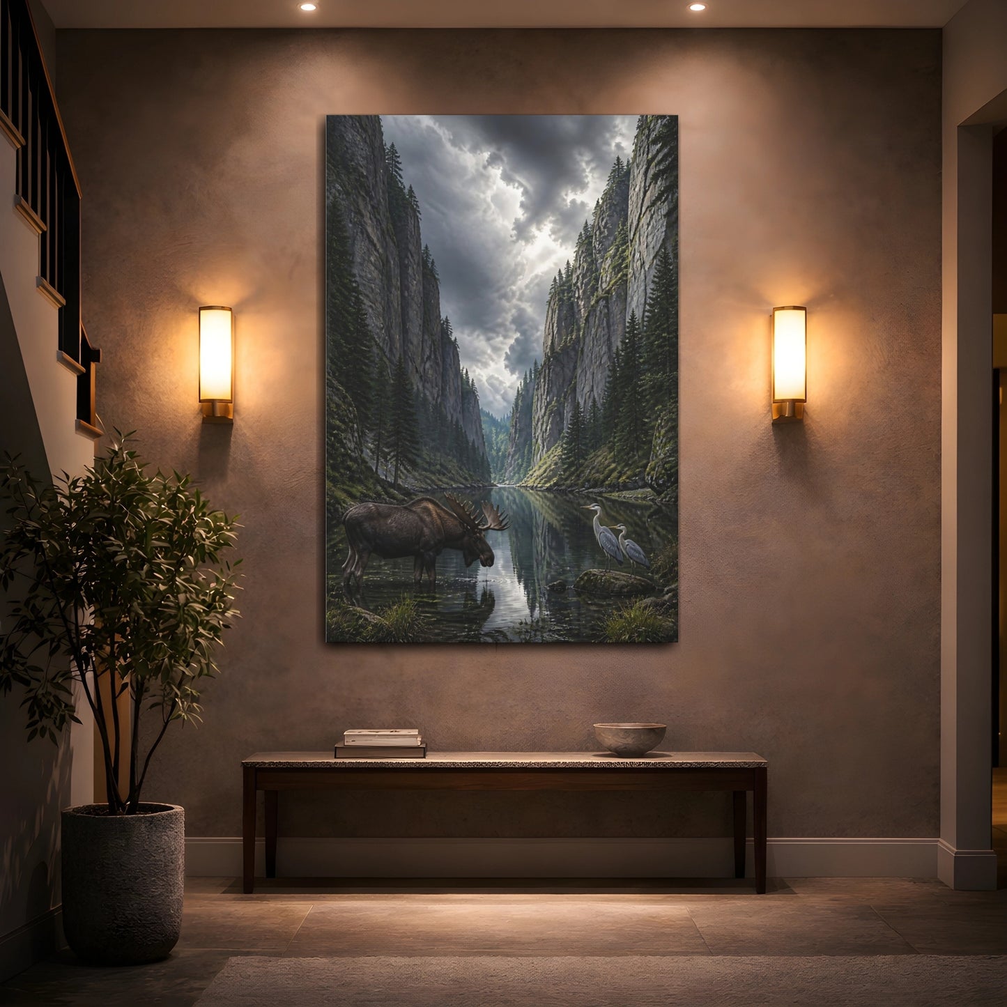 Mockup 2. Nature Moose And Herons Gray Green Nature shown as stretched canvas wall art