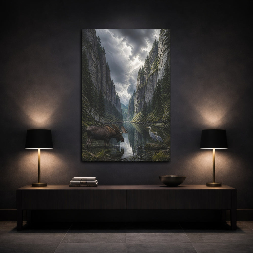Mockup 3. Nature Moose And Herons Gray Green Nature shown as stretched canvas wall art