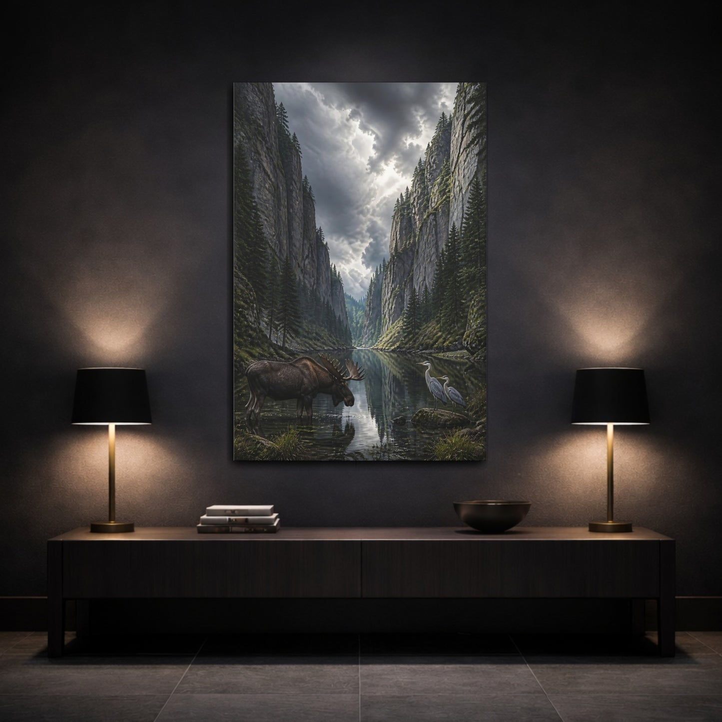 Mockup 3. Nature Moose And Herons Gray Green Nature shown as stretched canvas wall art