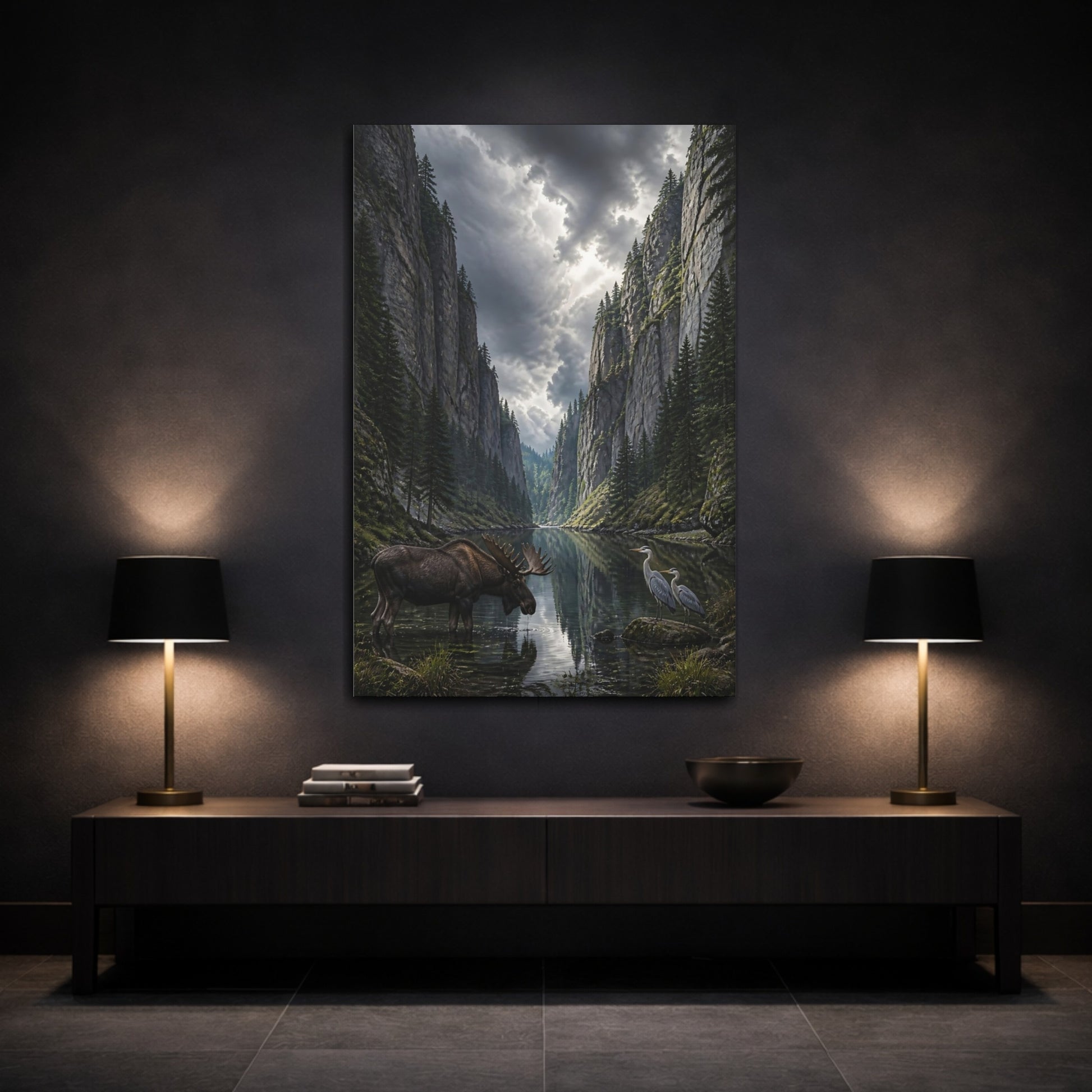 Mockup 3. Nature Moose And Herons Gray Green Nature shown as stretched canvas wall art
