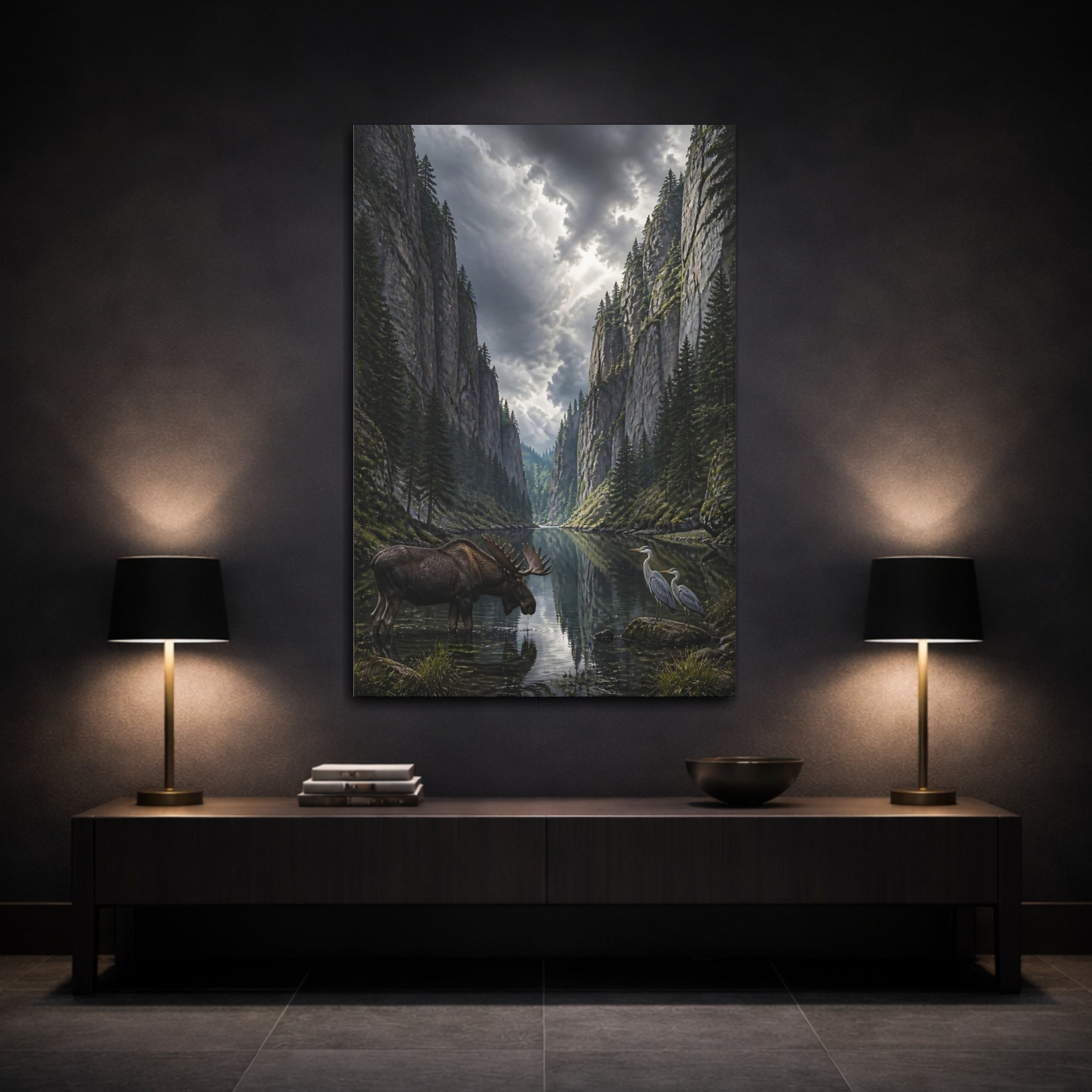 Mockup 3. Nature Moose And Herons Gray Green Nature shown as stretched canvas wall art