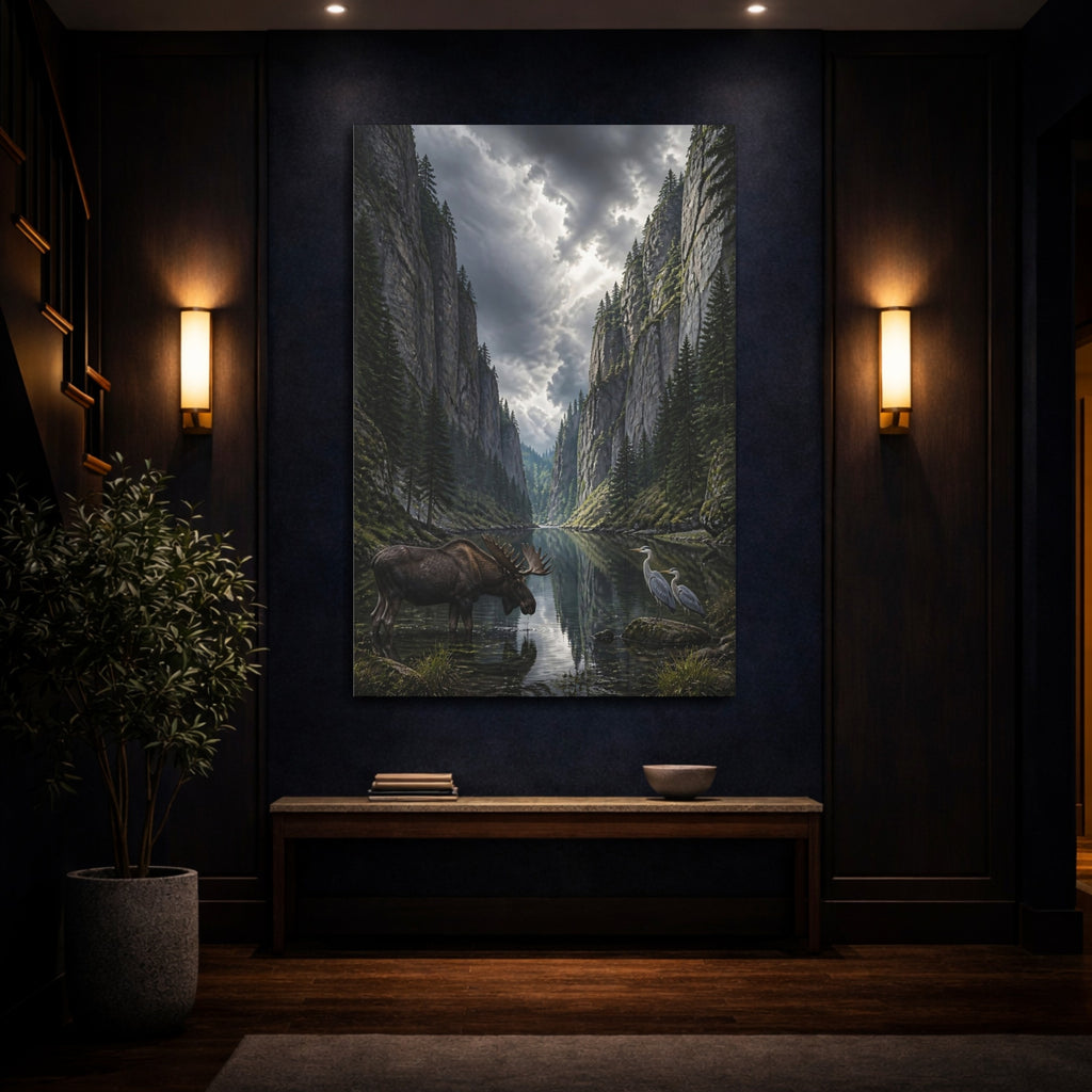 Mockup 4. Nature Moose And Herons Gray Green Nature shown as stretched canvas wall art
