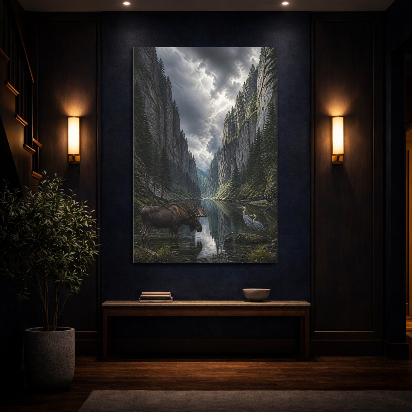 Mockup 4. Nature Moose And Herons Gray Green Nature shown as stretched canvas wall art