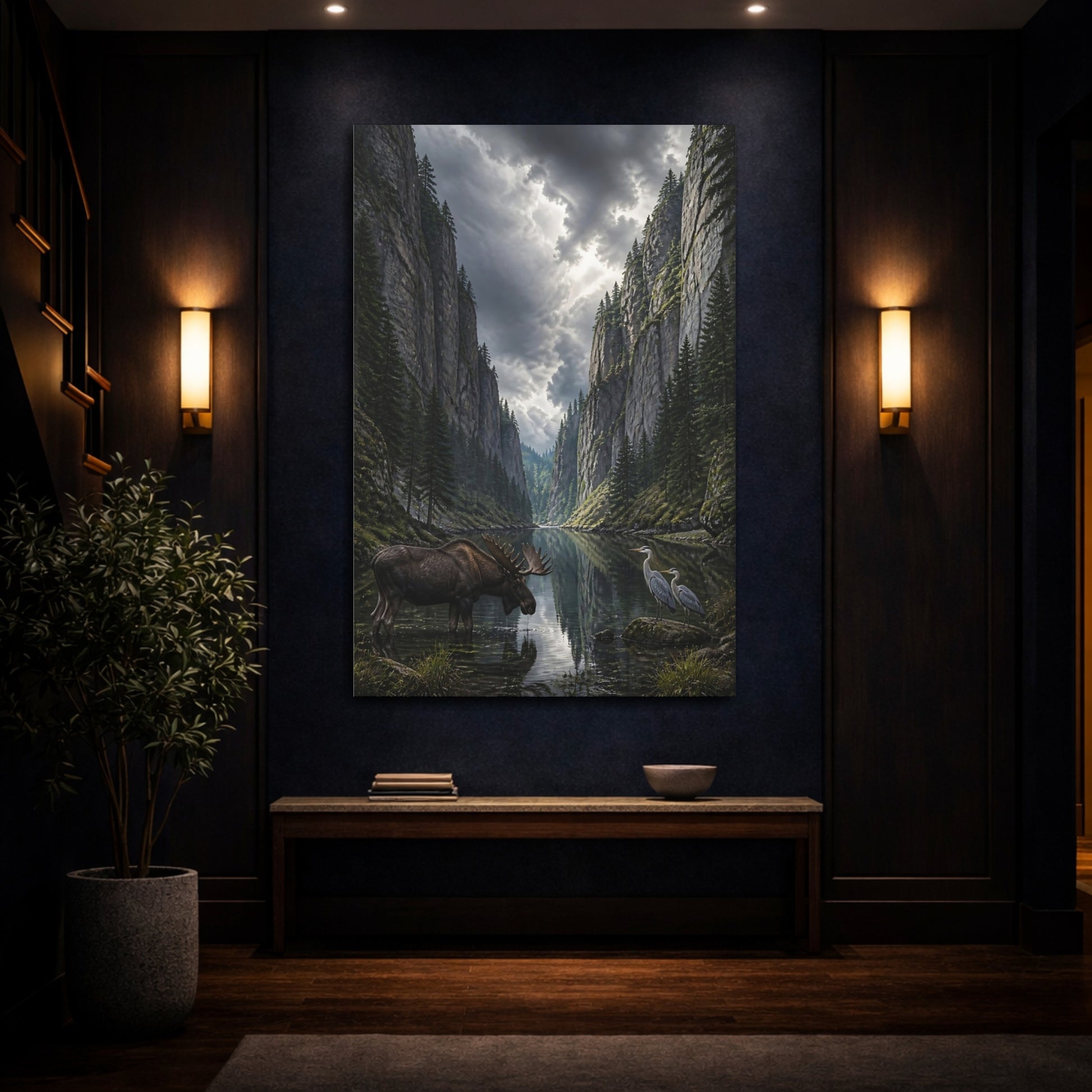 Mockup 4. Nature Moose And Herons Gray Green Nature shown as stretched canvas wall art
