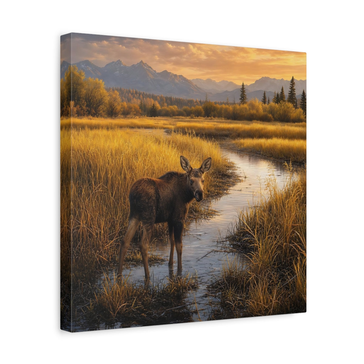 Side Mockup 7. Nature Moose Golden Moose shown as stretched canvas wall art